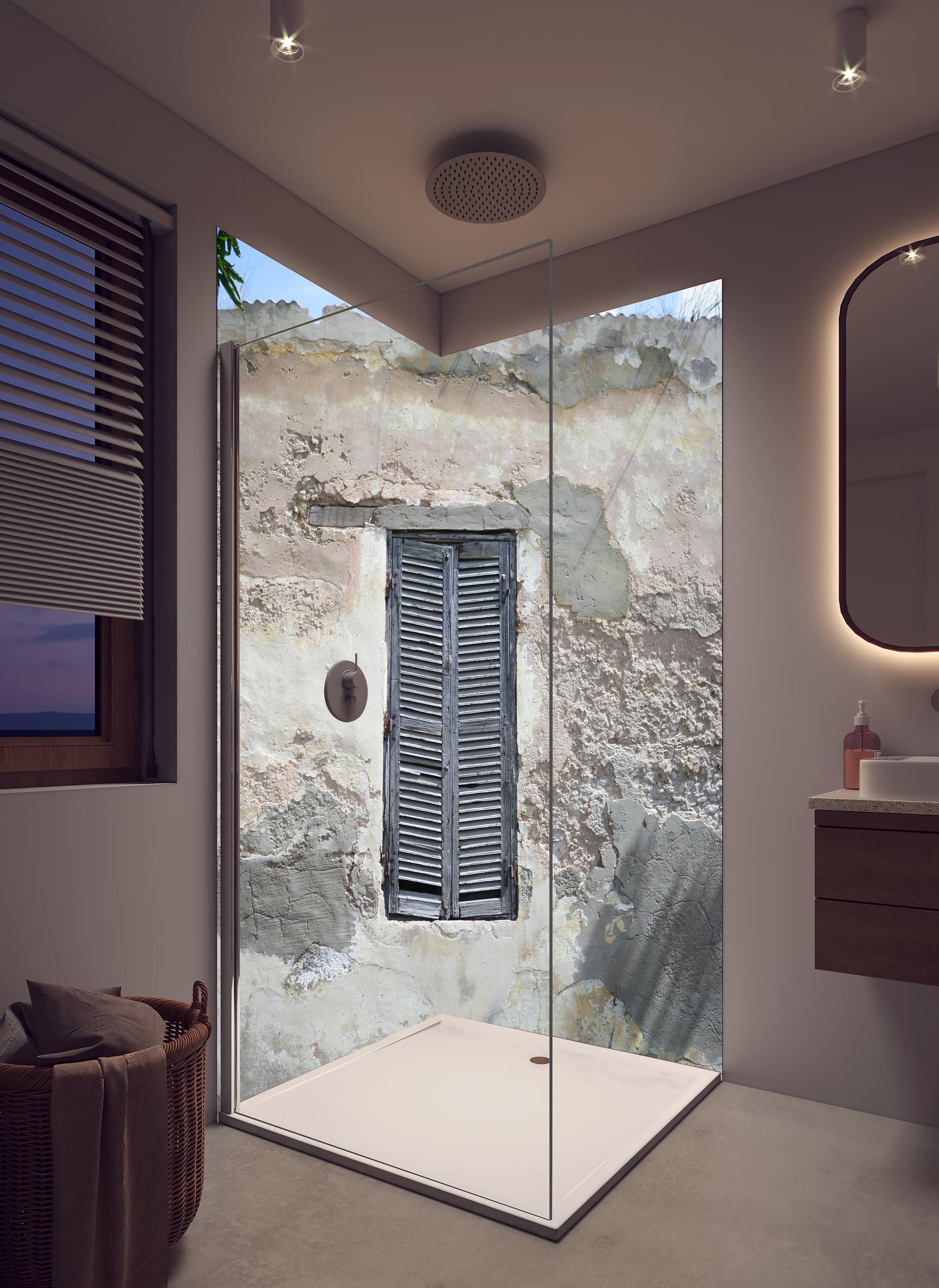 Duschrückwand - Altes Wüstenhaus mit Kakteenschatten in hellem Badezimmer mit Regenduschkopf - zweiteilige Eck-Duschrückwand