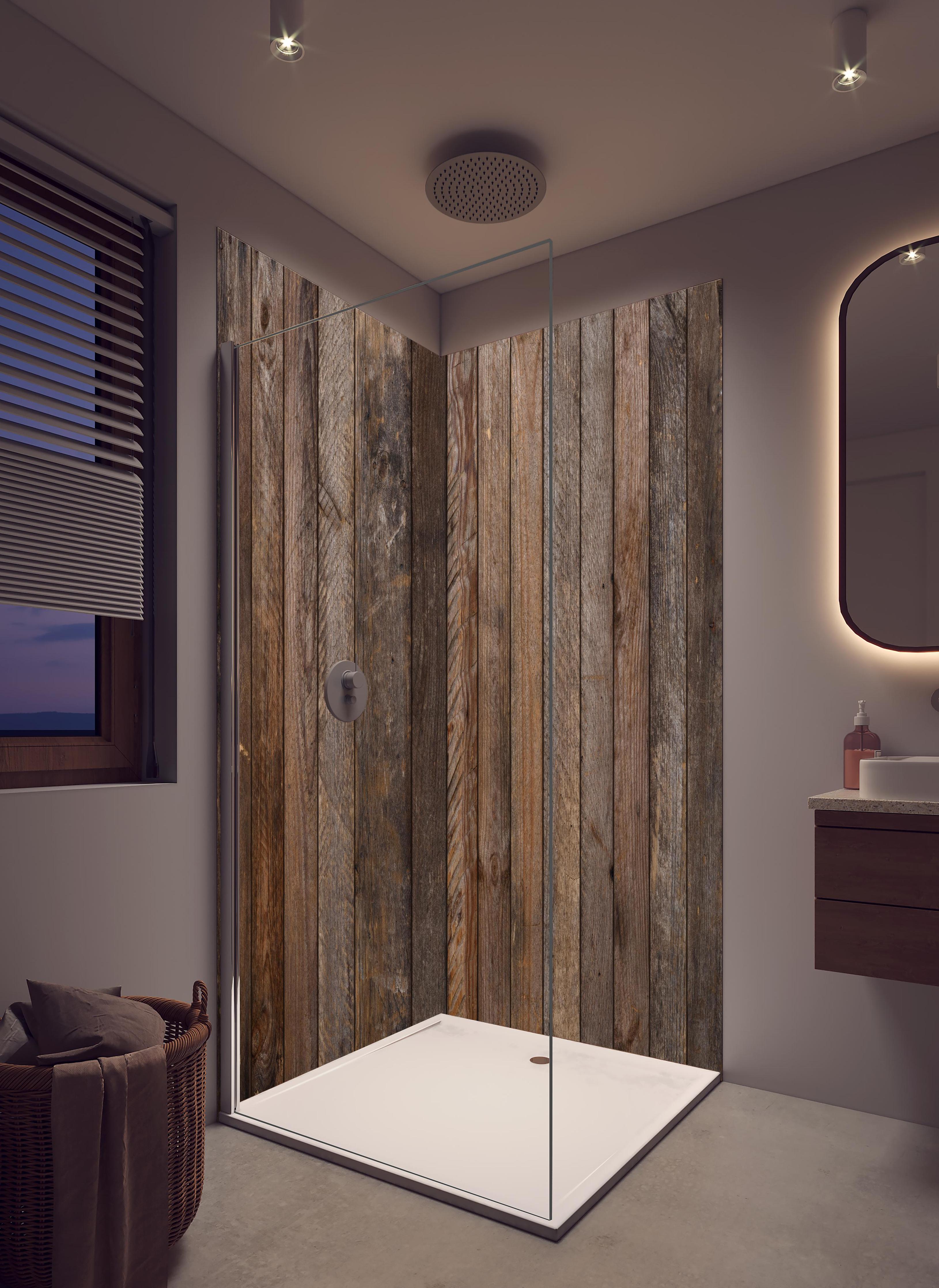 Duschrückwand - Altes verwittertes Plankenholz mit Rostnägeln in hellem Badezimmer mit Regenduschkopf - zweiteilige Eck-Duschrückwand