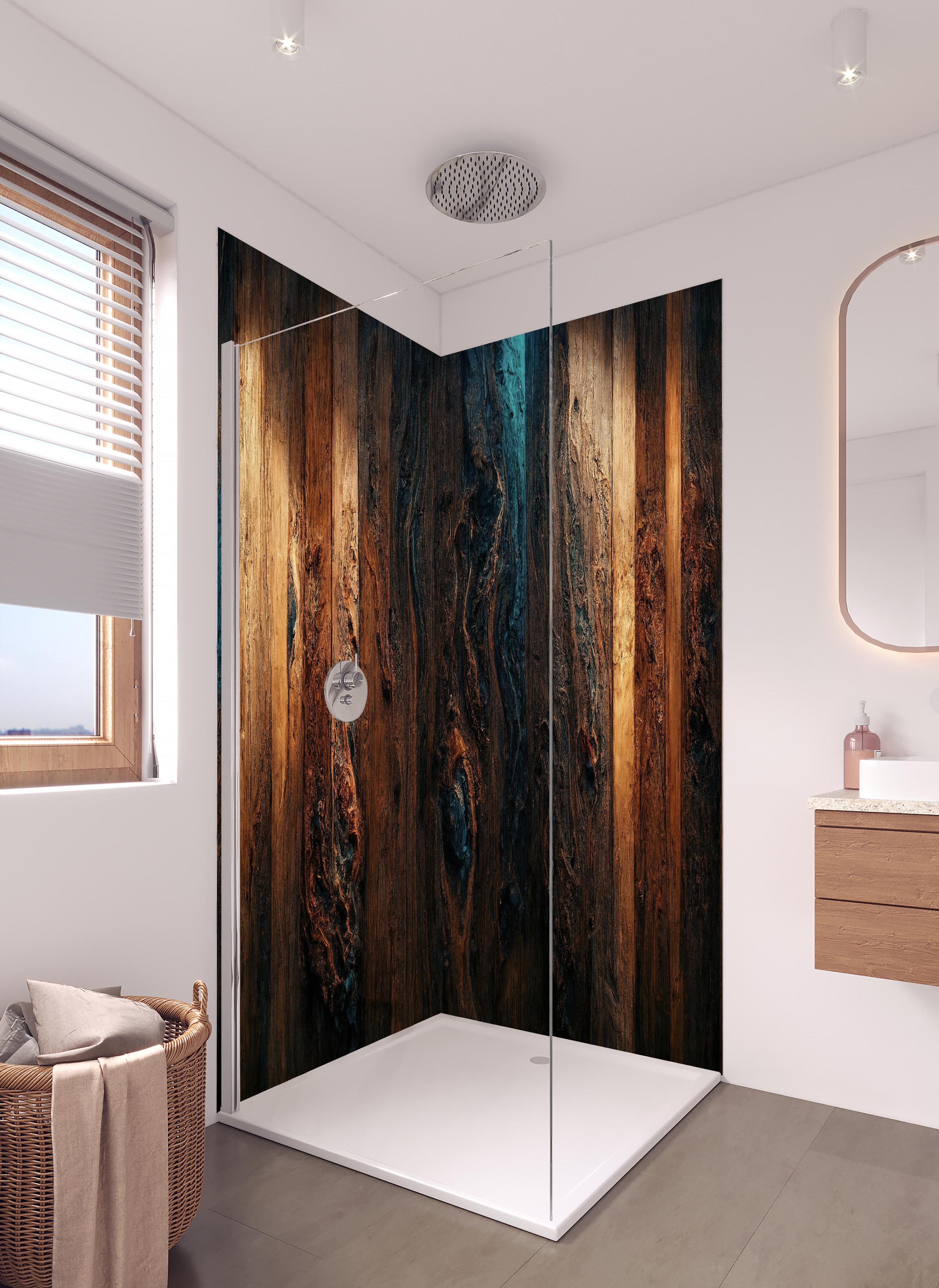 Duschrückwand - Altholz Tischplatte mit blauem Epoxy in hellem Badezimmer mit Regenduschkopf - zweiteilige Eck-Duschrückwand