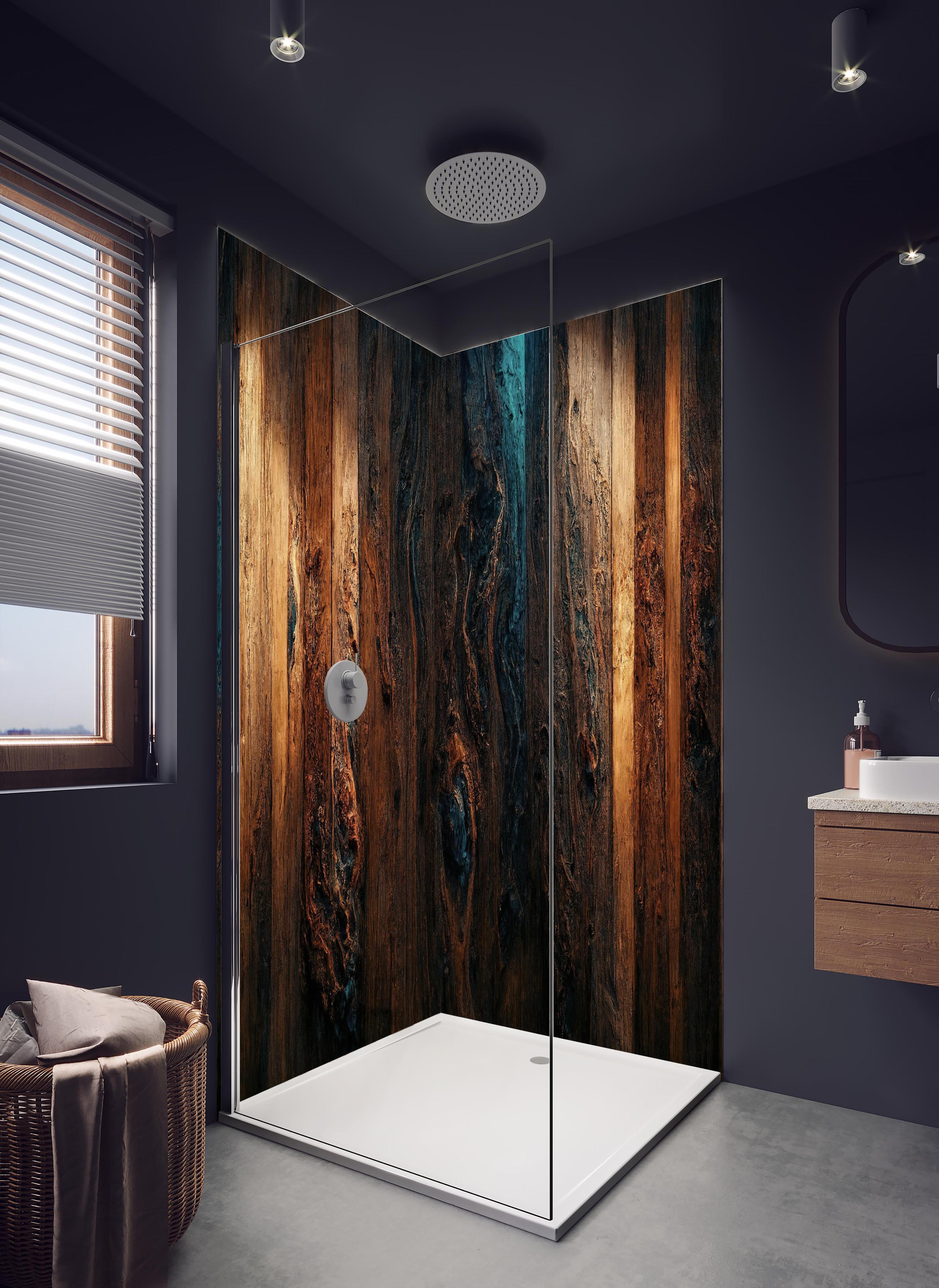 Duschrückwand - Altholz Tischplatte mit blauem Epoxy in hellem Badezimmer mit Regenduschkopf - zweiteilige Eck-Duschrückwand