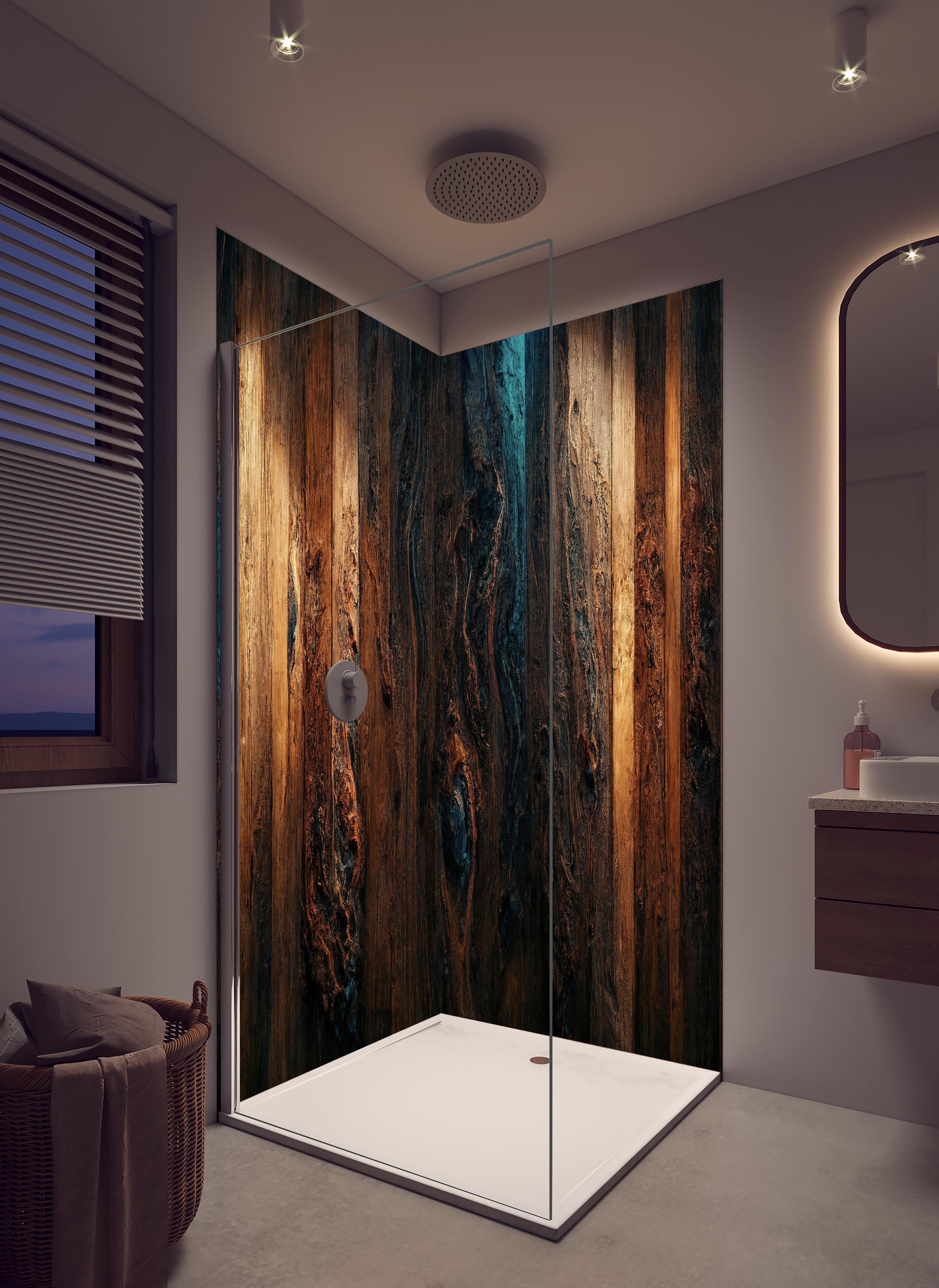 Duschrückwand - Altholz Tischplatte mit blauem Epoxy in hellem Badezimmer mit Regenduschkopf - zweiteilige Eck-Duschrückwand