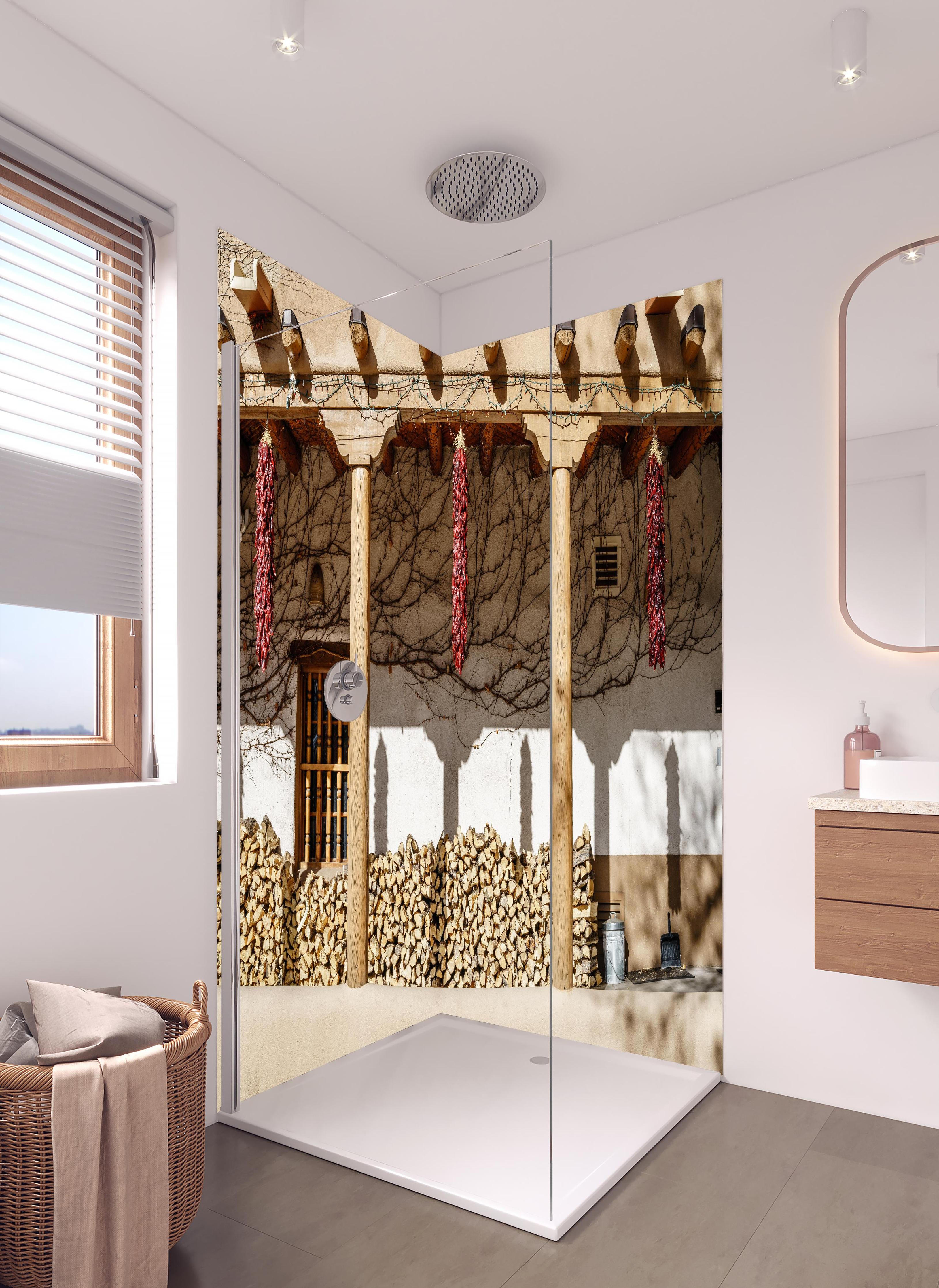 Duschrückwand - Altmodische Architektur - New Mexico in hellem Badezimmer mit Regenduschkopf - zweiteilige Eck-Duschrückwand