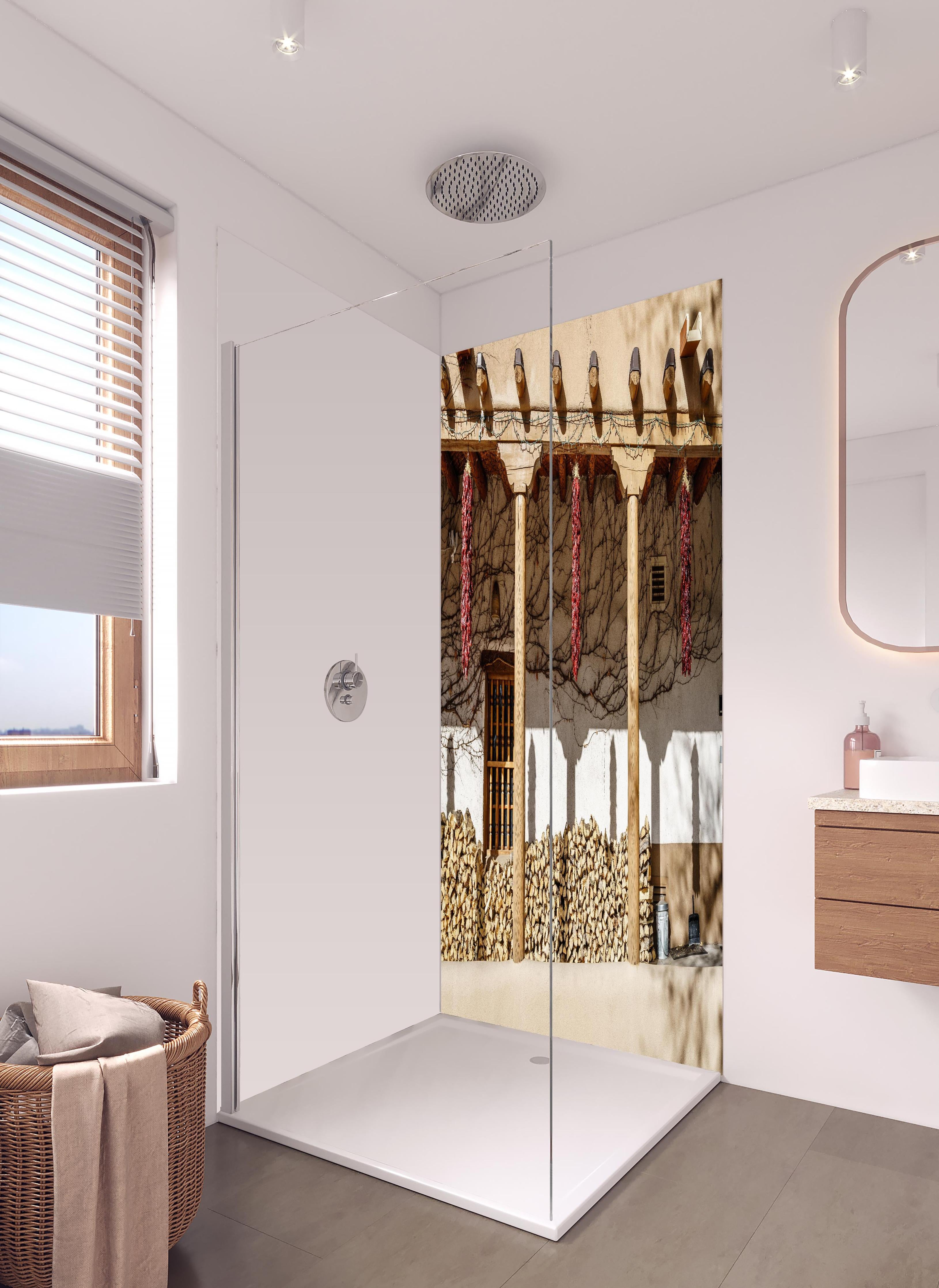 Duschrückwand - Altmodische Architektur - New Mexico in hellem Badezimmer mit Regenduschkopf - zweiteilige Eck-Duschrückwand