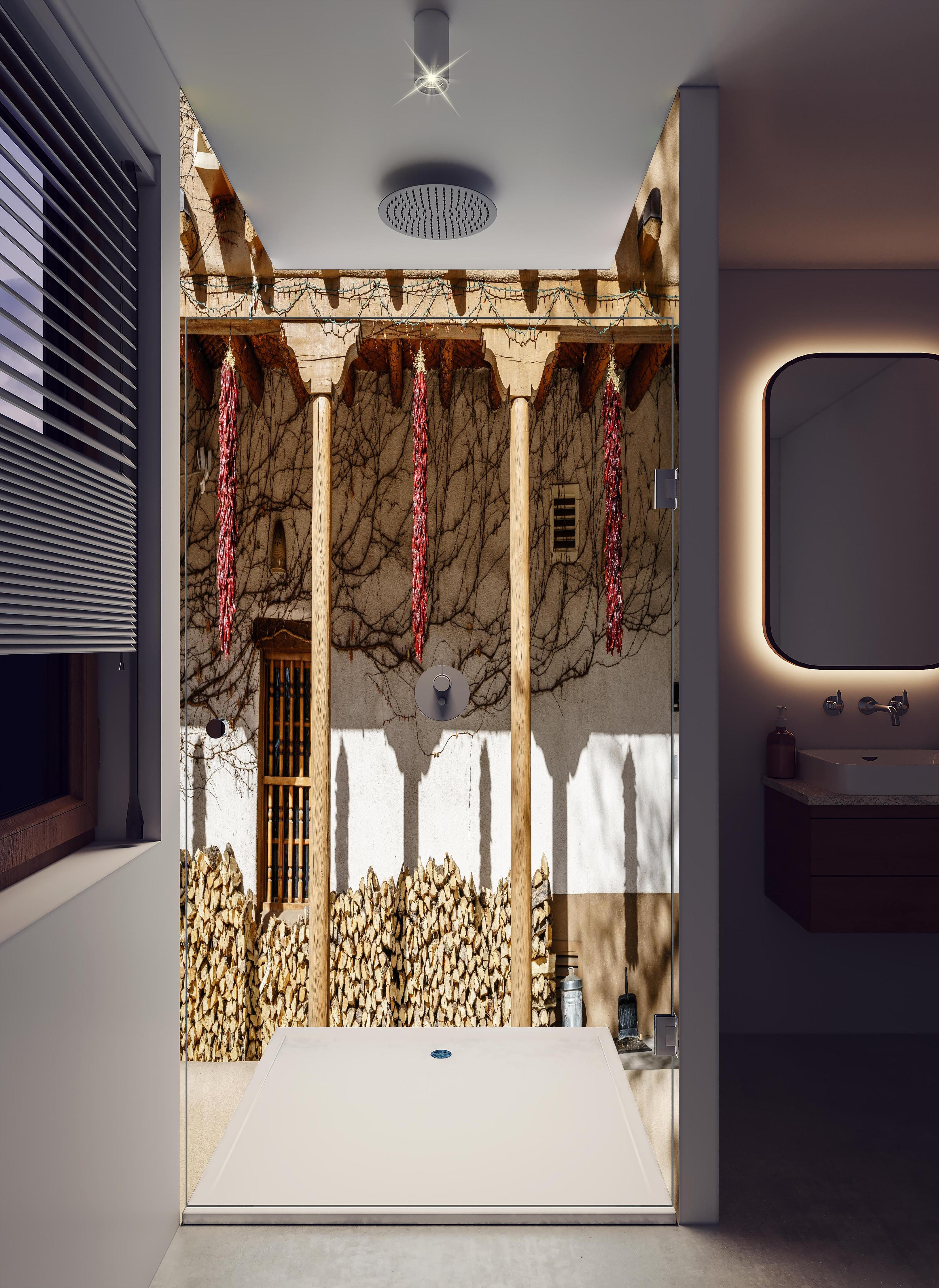 Duschrückwand - Altmodische Architektur - New Mexico in hellem Badezimmer mit Regenduschkopf - zweiteilige Eck-Duschrückwand
