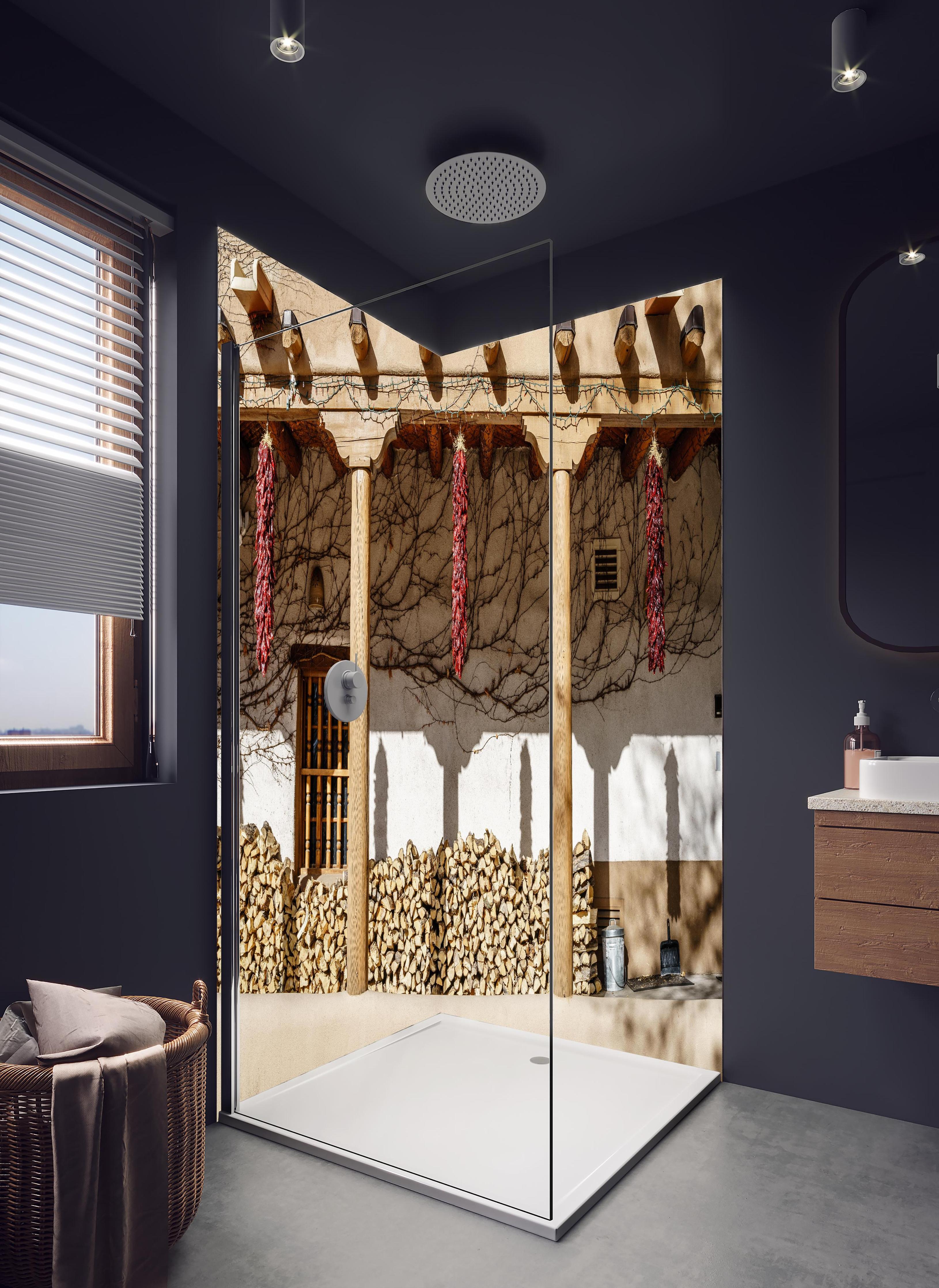 Duschrückwand - Altmodische Architektur - New Mexico in hellem Badezimmer mit Regenduschkopf - zweiteilige Eck-Duschrückwand