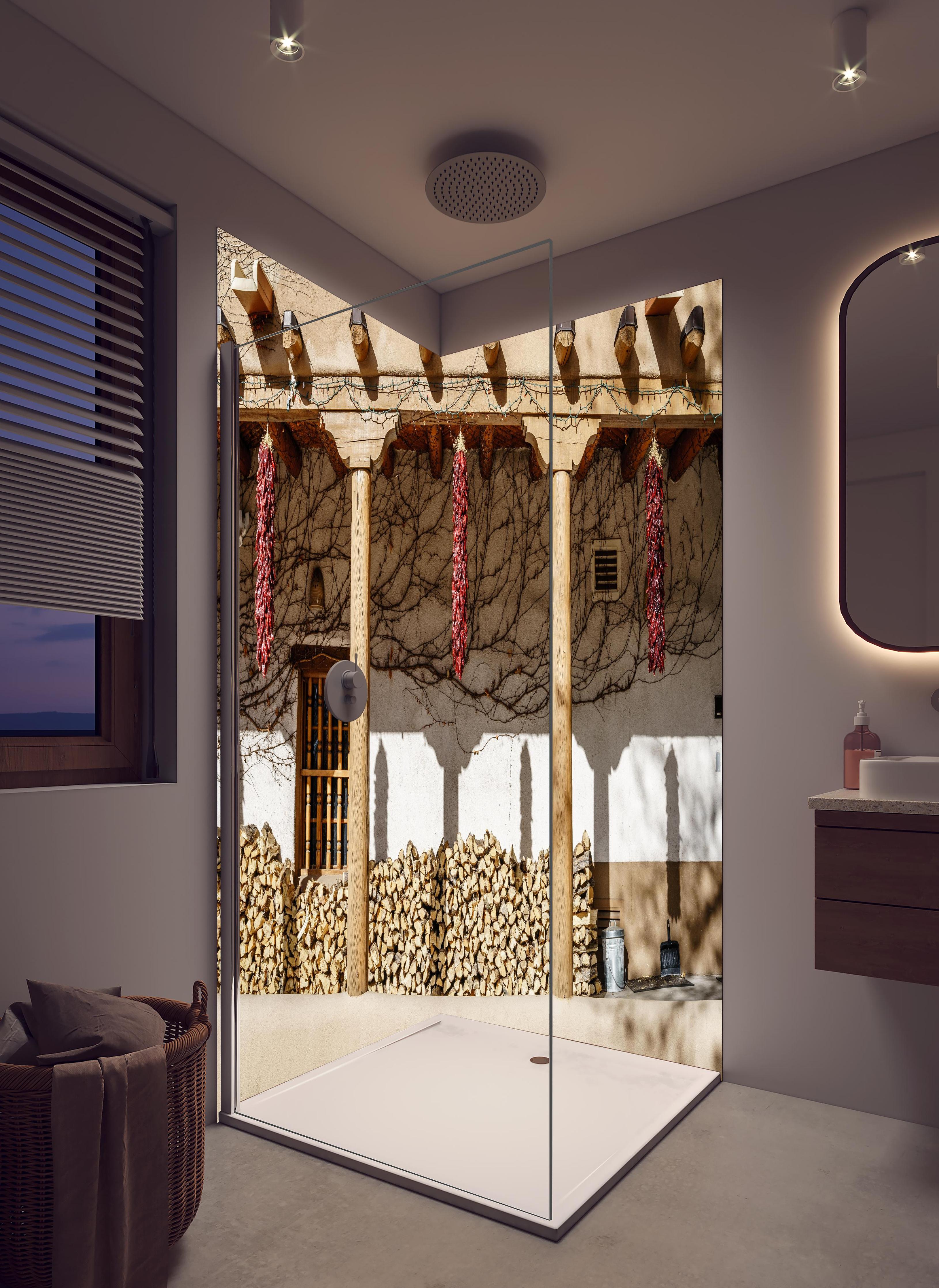 Duschrückwand - Altmodische Architektur - New Mexico in hellem Badezimmer mit Regenduschkopf - zweiteilige Eck-Duschrückwand