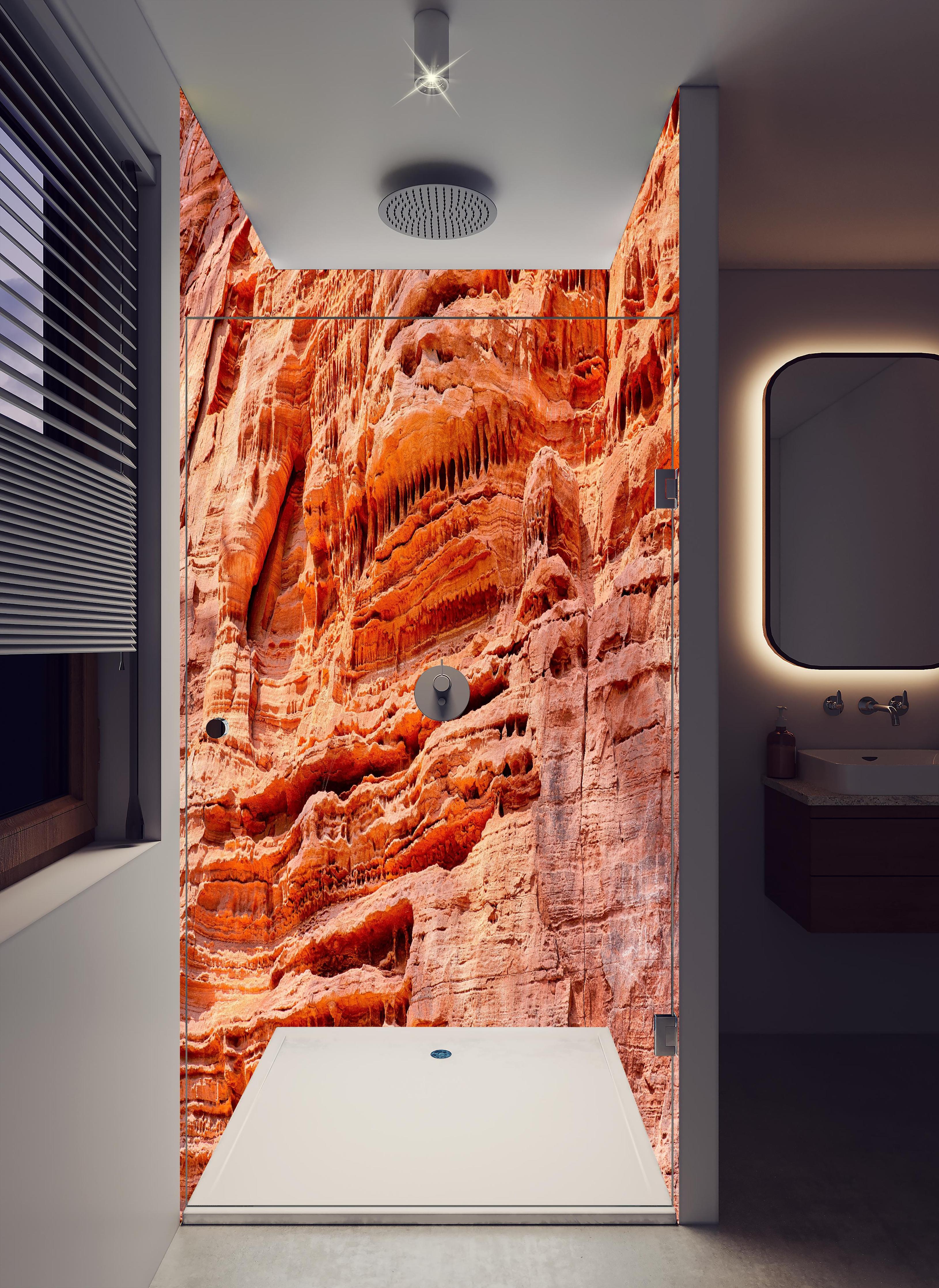 Duschrückwand - Altschlosspfad im Pirmasens-Land in hellem Badezimmer mit Regenduschkopf - zweiteilige Eck-Duschrückwand
