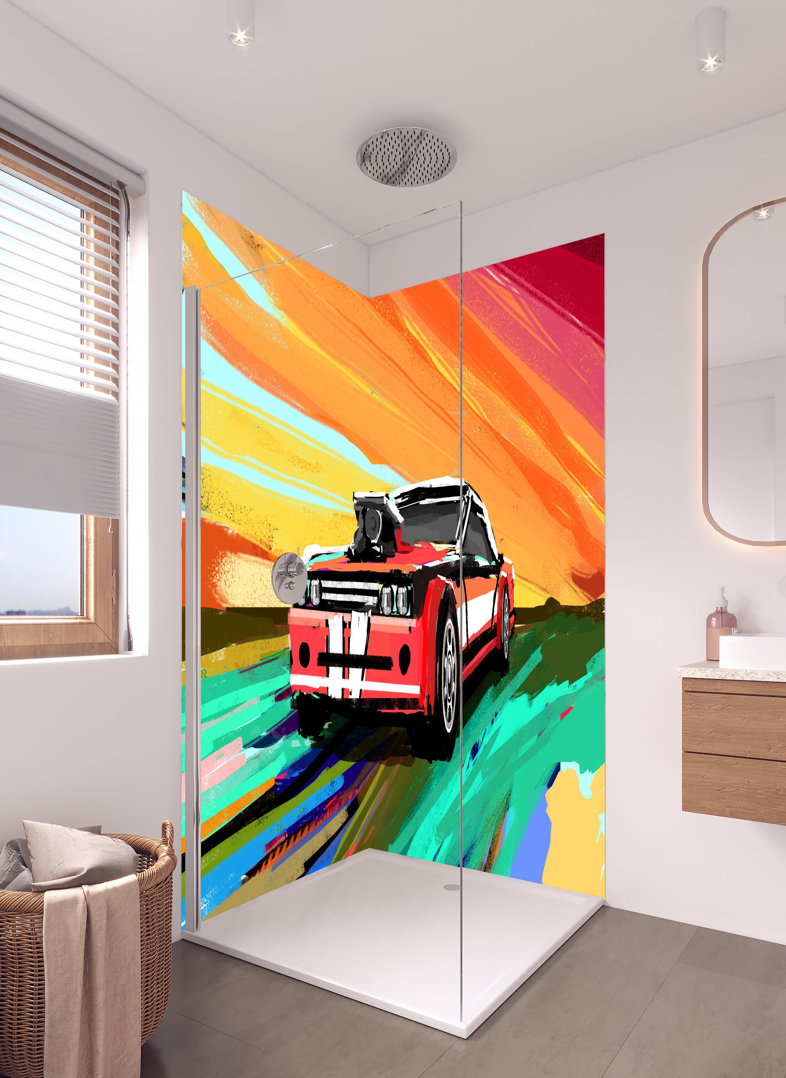 Duschrückwand - Amerikanisches 70er-Jahre-Muscle-Car Gemälde in hellem Badezimmer mit Regenduschkopf - zweiteilige Eck-Duschrückwand