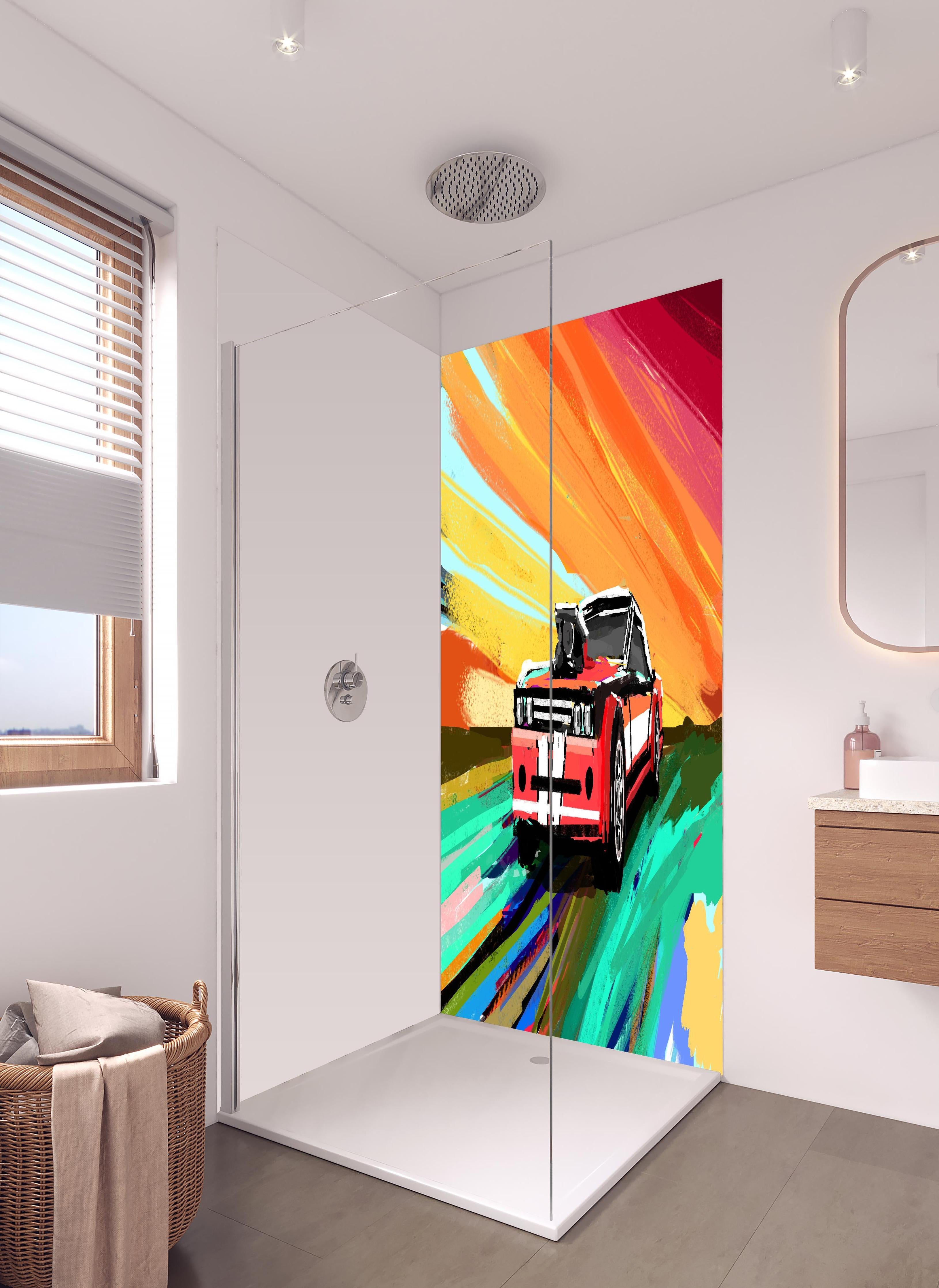Duschrückwand - Amerikanisches 70er-Jahre-Muscle-Car Gemälde in hellem Badezimmer mit Regenduschkopf - zweiteilige Eck-Duschrückwand