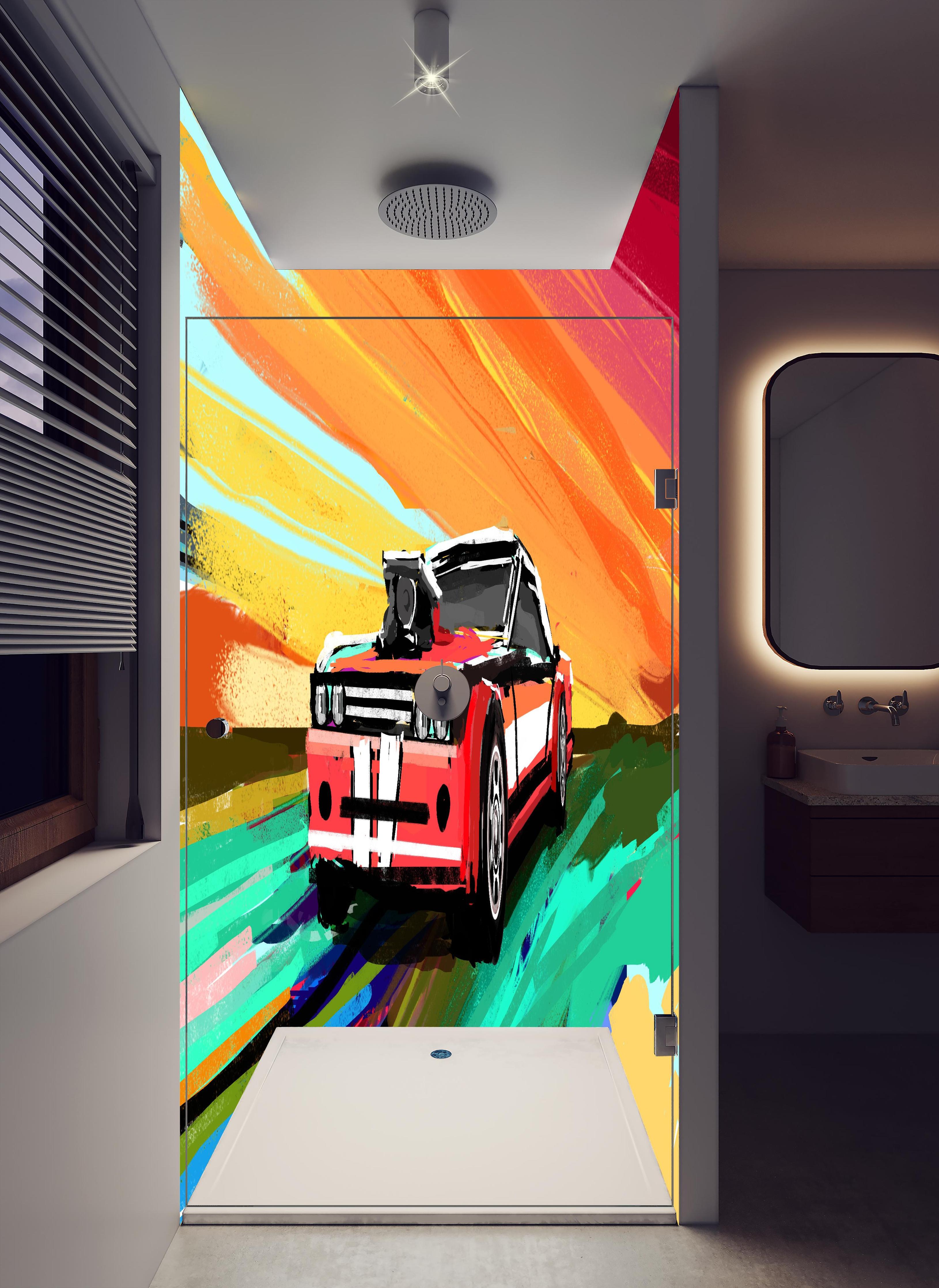 Duschrückwand - Amerikanisches 70er-Jahre-Muscle-Car Gemälde in hellem Badezimmer mit Regenduschkopf - zweiteilige Eck-Duschrückwand