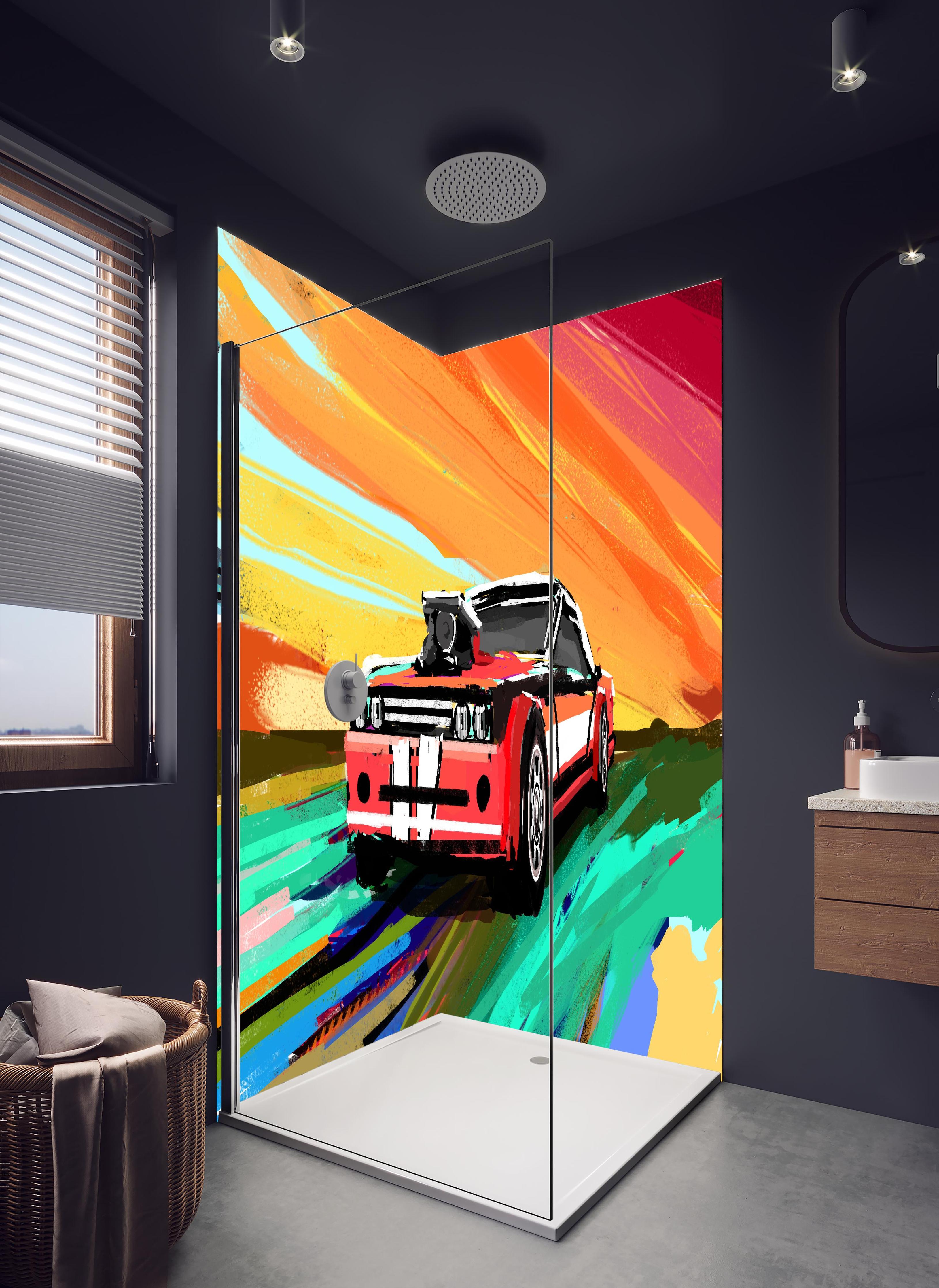 Duschrückwand - Amerikanisches 70er-Jahre-Muscle-Car Gemälde in hellem Badezimmer mit Regenduschkopf - zweiteilige Eck-Duschrückwand