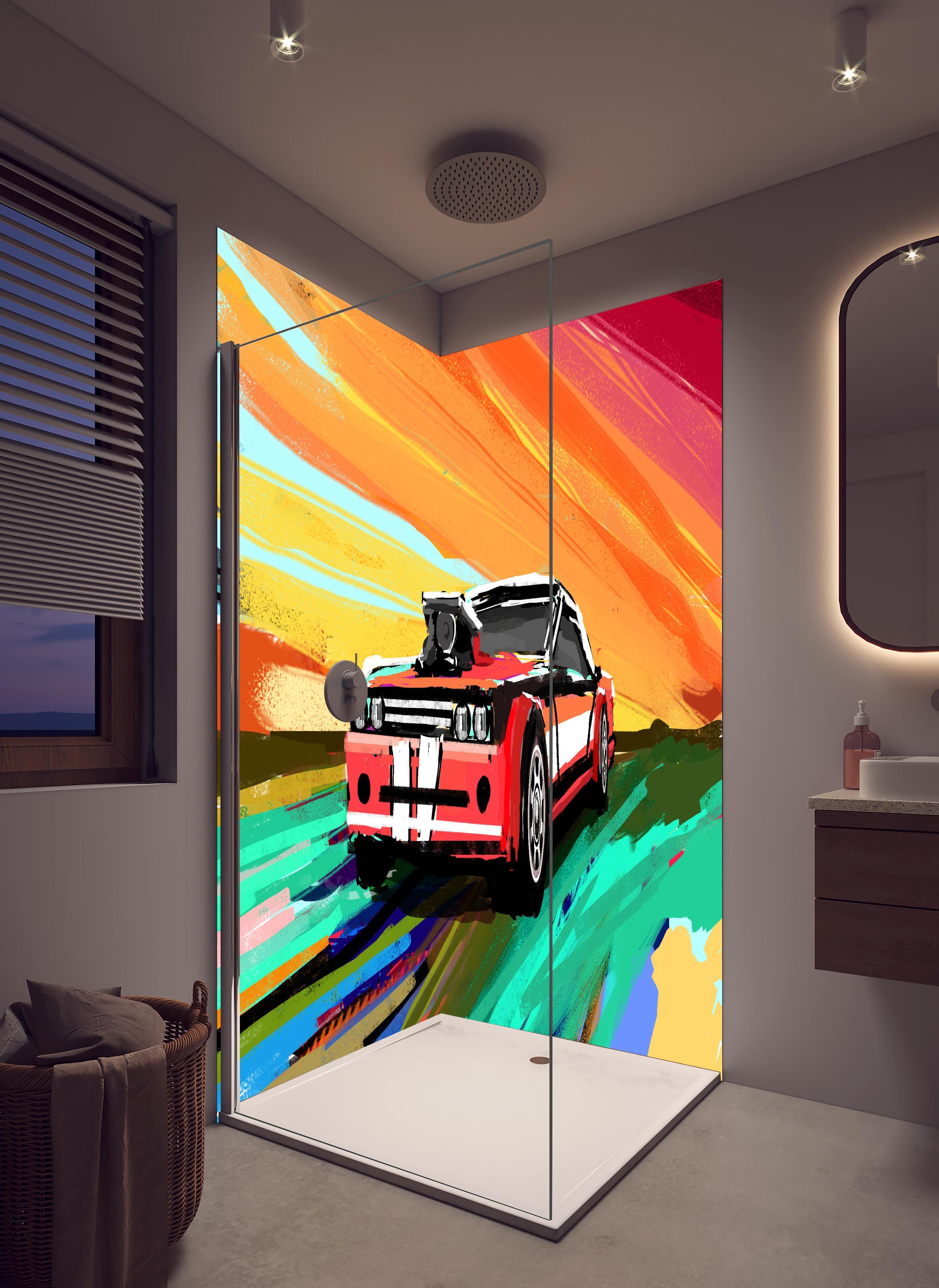 Duschrückwand - Amerikanisches 70er-Jahre-Muscle-Car Gemälde in hellem Badezimmer mit Regenduschkopf - zweiteilige Eck-Duschrückwand