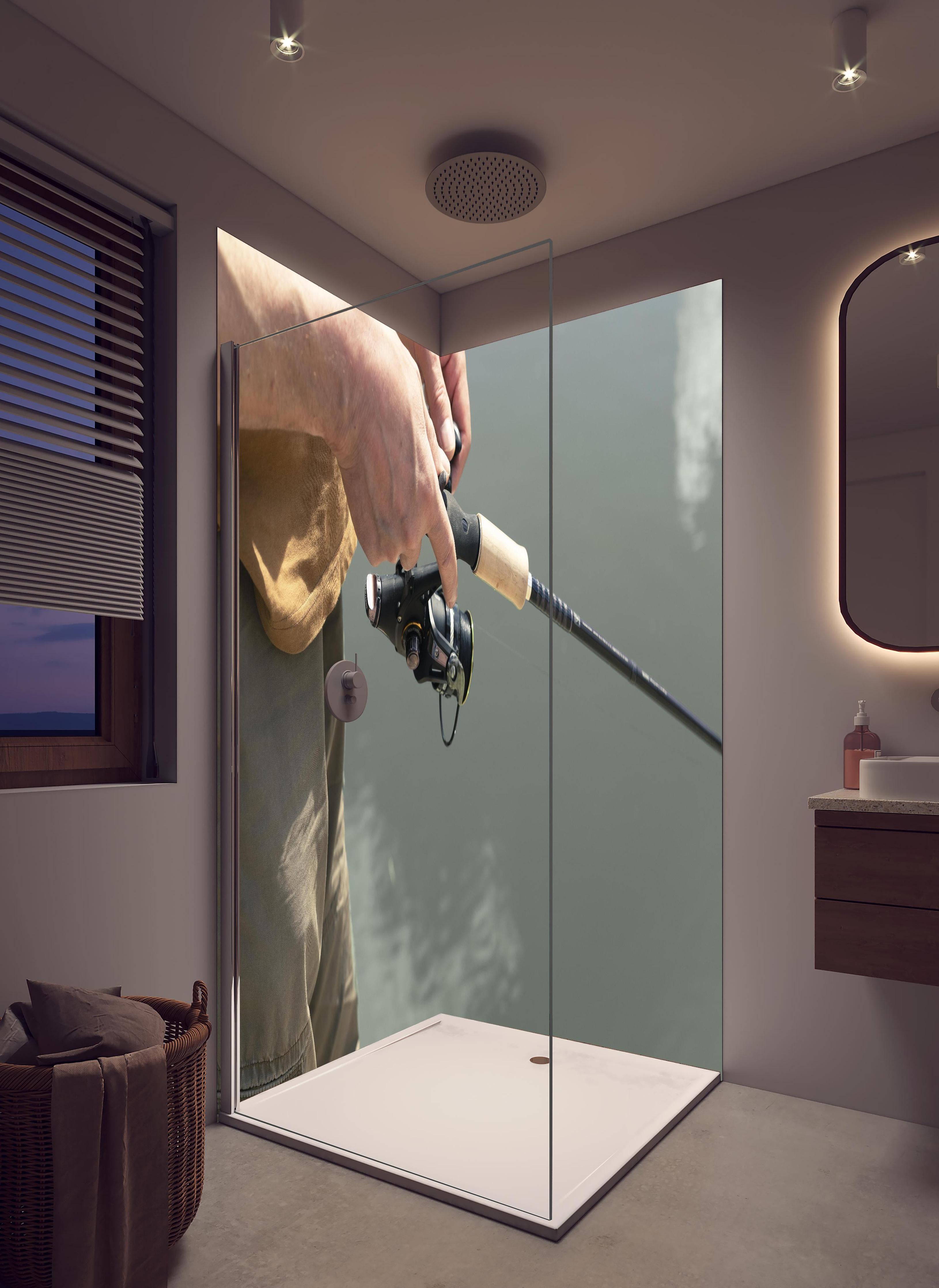 Duschrückwand - Angelroute beim Fischen - Nahaufnahme in hellem Badezimmer mit Regenduschkopf - zweiteilige Eck-Duschrückwand