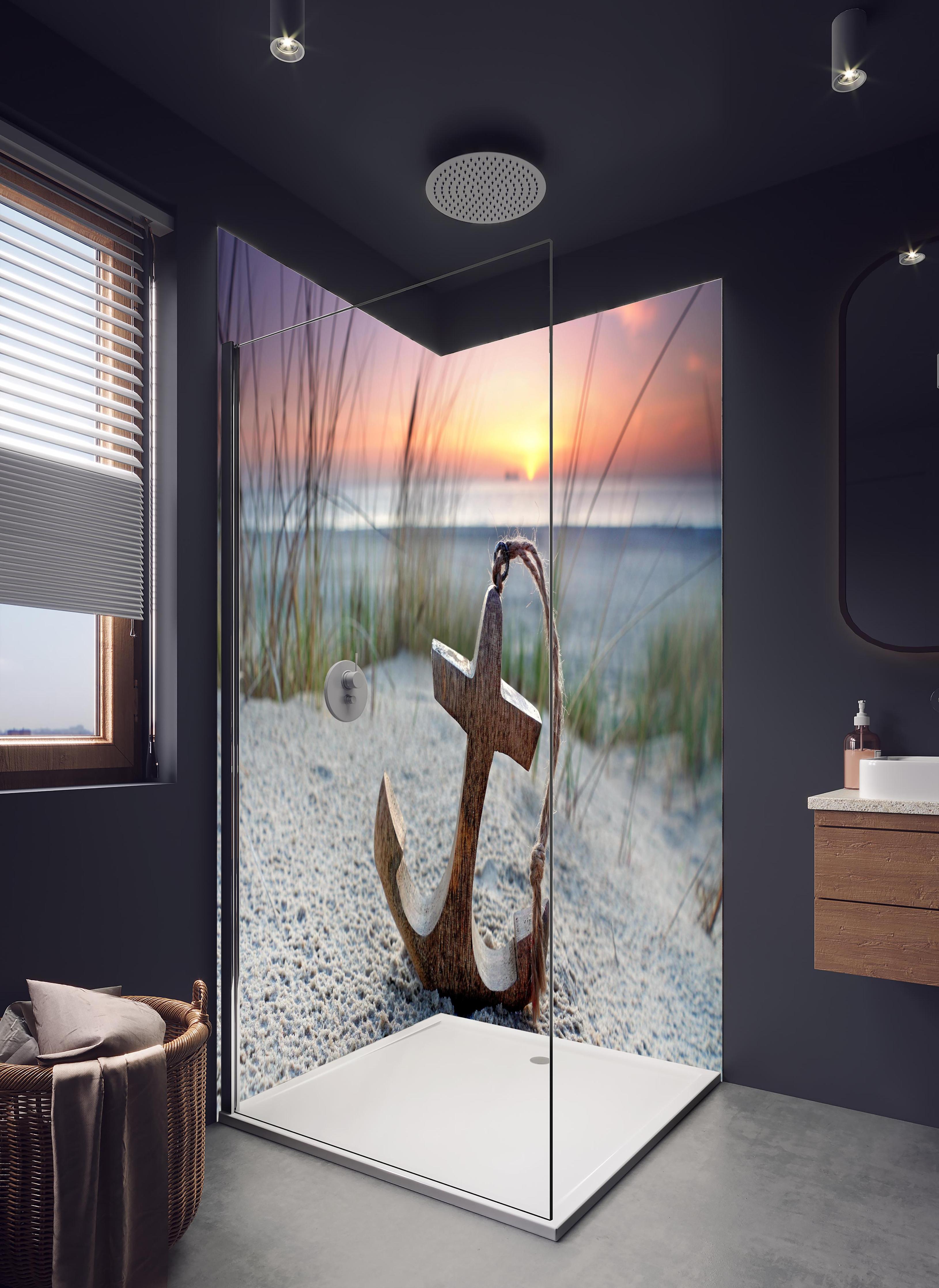 Duschrückwand - Anker am Strand in hellem Badezimmer mit Regenduschkopf - zweiteilige Eck-Duschrückwand