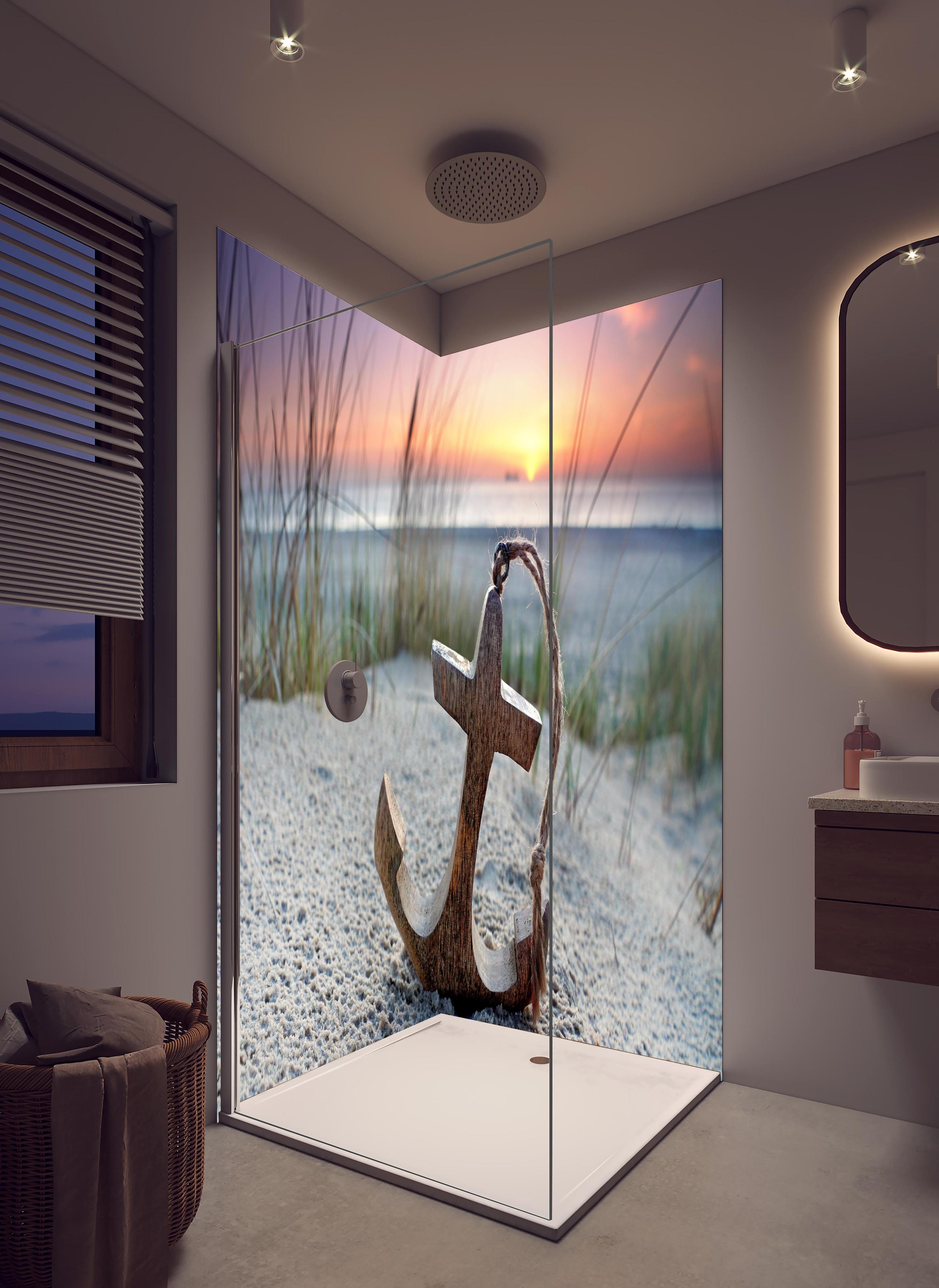 Duschrückwand - Anker am Strand in hellem Badezimmer mit Regenduschkopf - zweiteilige Eck-Duschrückwand