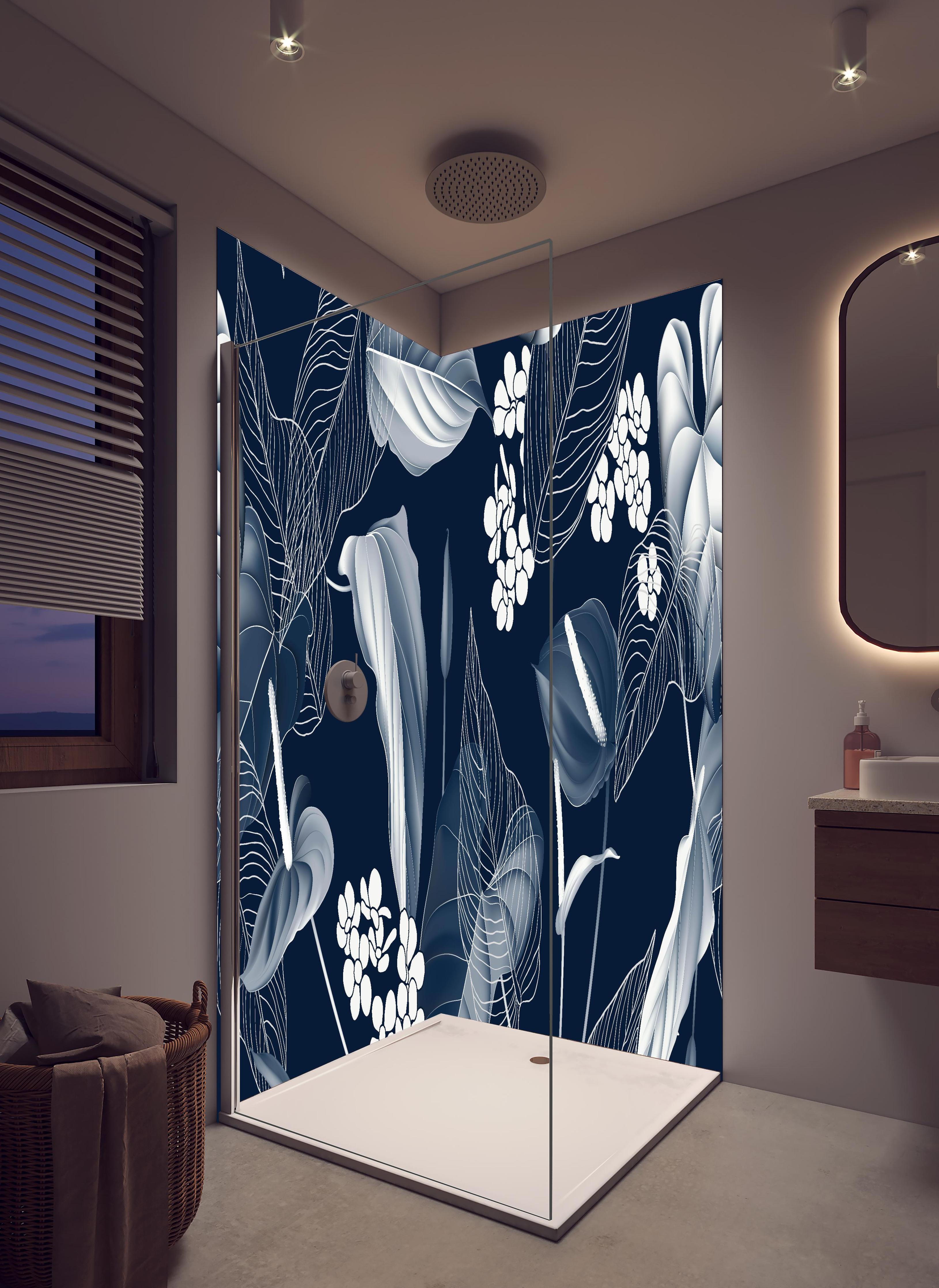 Duschrückwand - Anthurium Blumenmuster Blautöne auf Dunkelblau in hellem Badezimmer mit Regenduschkopf - zweiteilige Eck-Duschrückwand