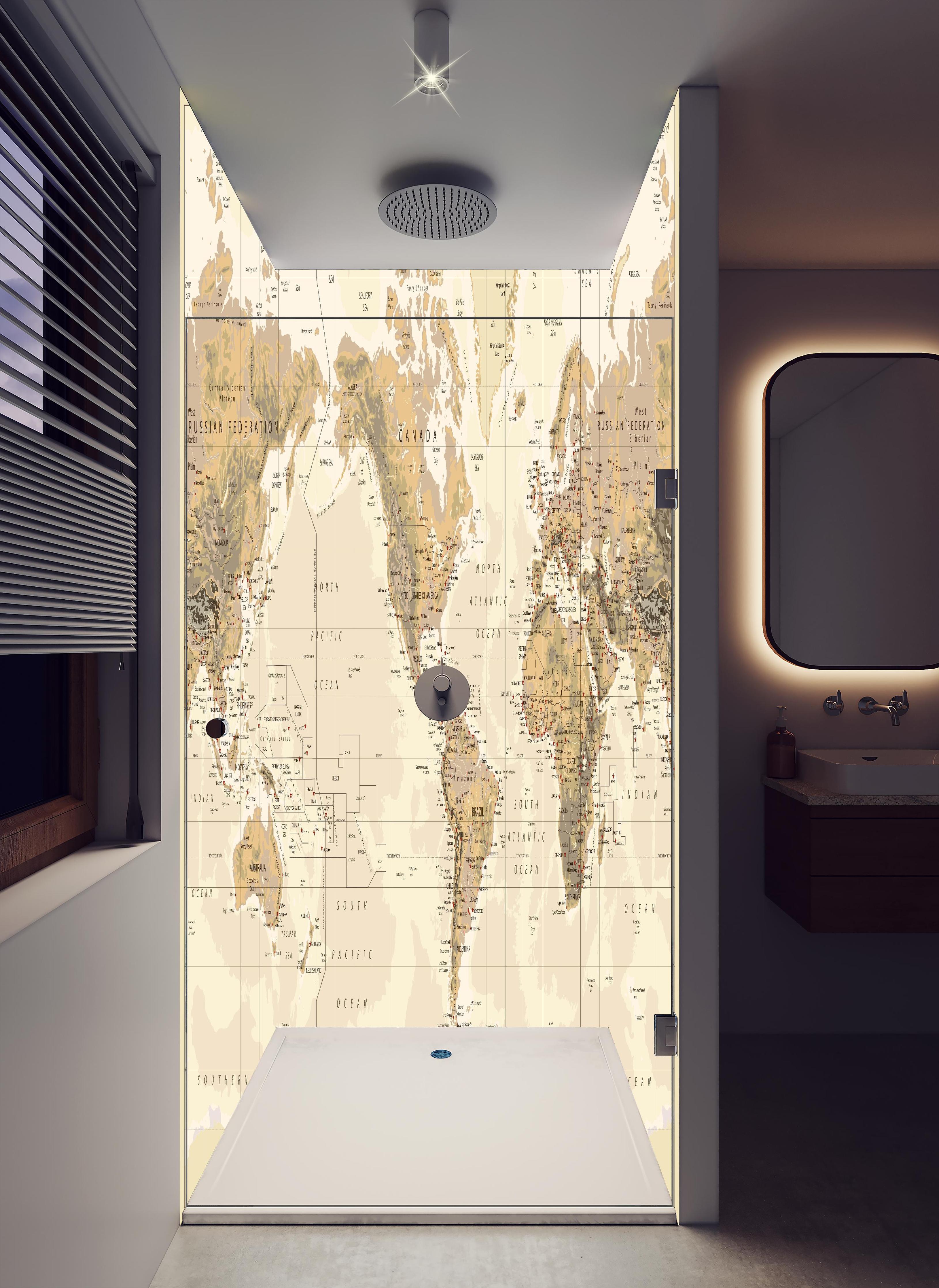 Duschrückwand - Antike Weltkarte Amerika-Zentriert Braun in hellem Badezimmer mit Regenduschkopf - zweiteilige Eck-Duschrückwand
