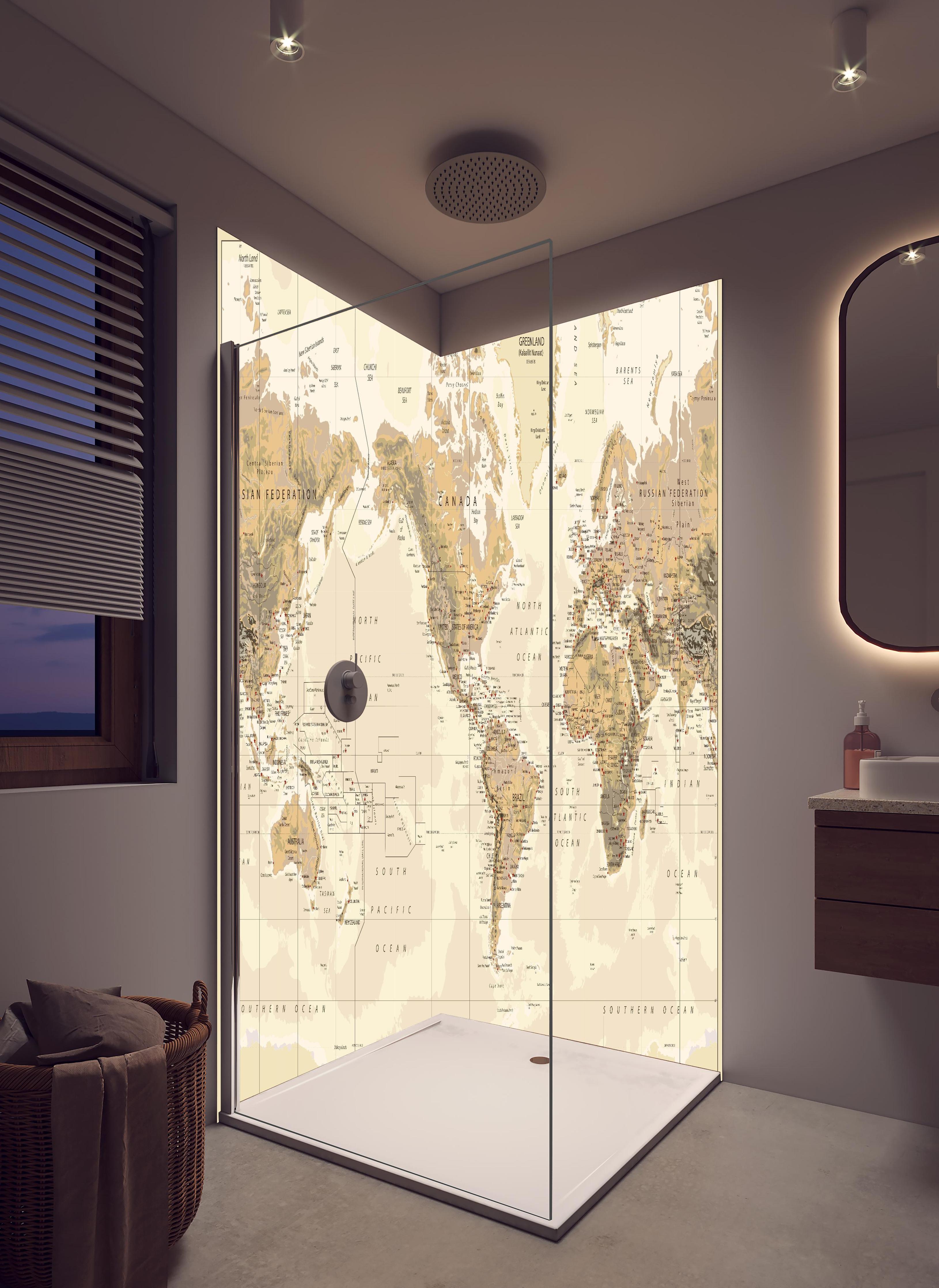 Duschrückwand - Antike Weltkarte Amerika-Zentriert Braun in hellem Badezimmer mit Regenduschkopf - zweiteilige Eck-Duschrückwand