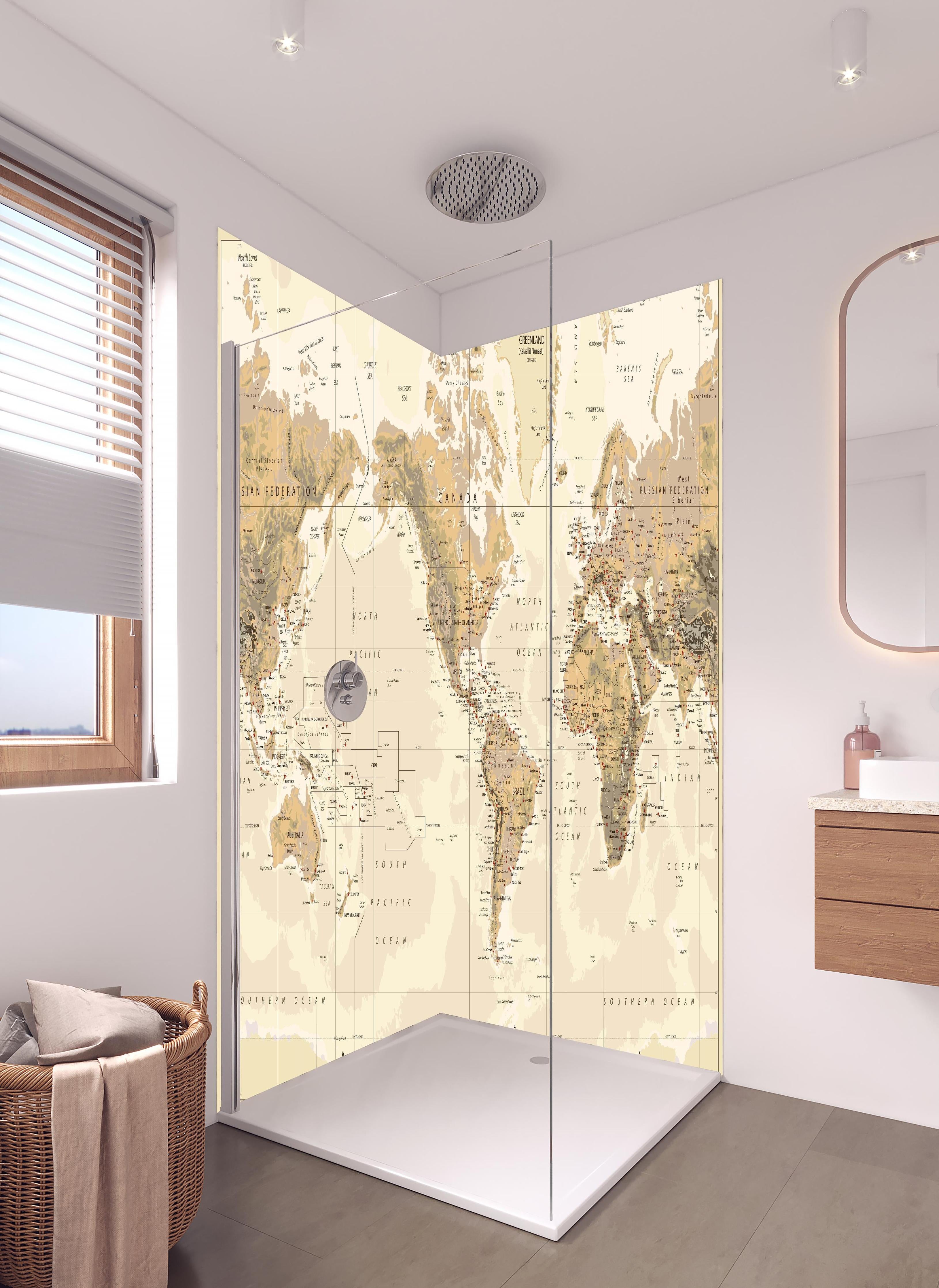 Duschrückwand - Antike Weltkarte Amerika-zentriert Braun in hellem Badezimmer mit Regenduschkopf - zweiteilige Eck-Duschrückwand