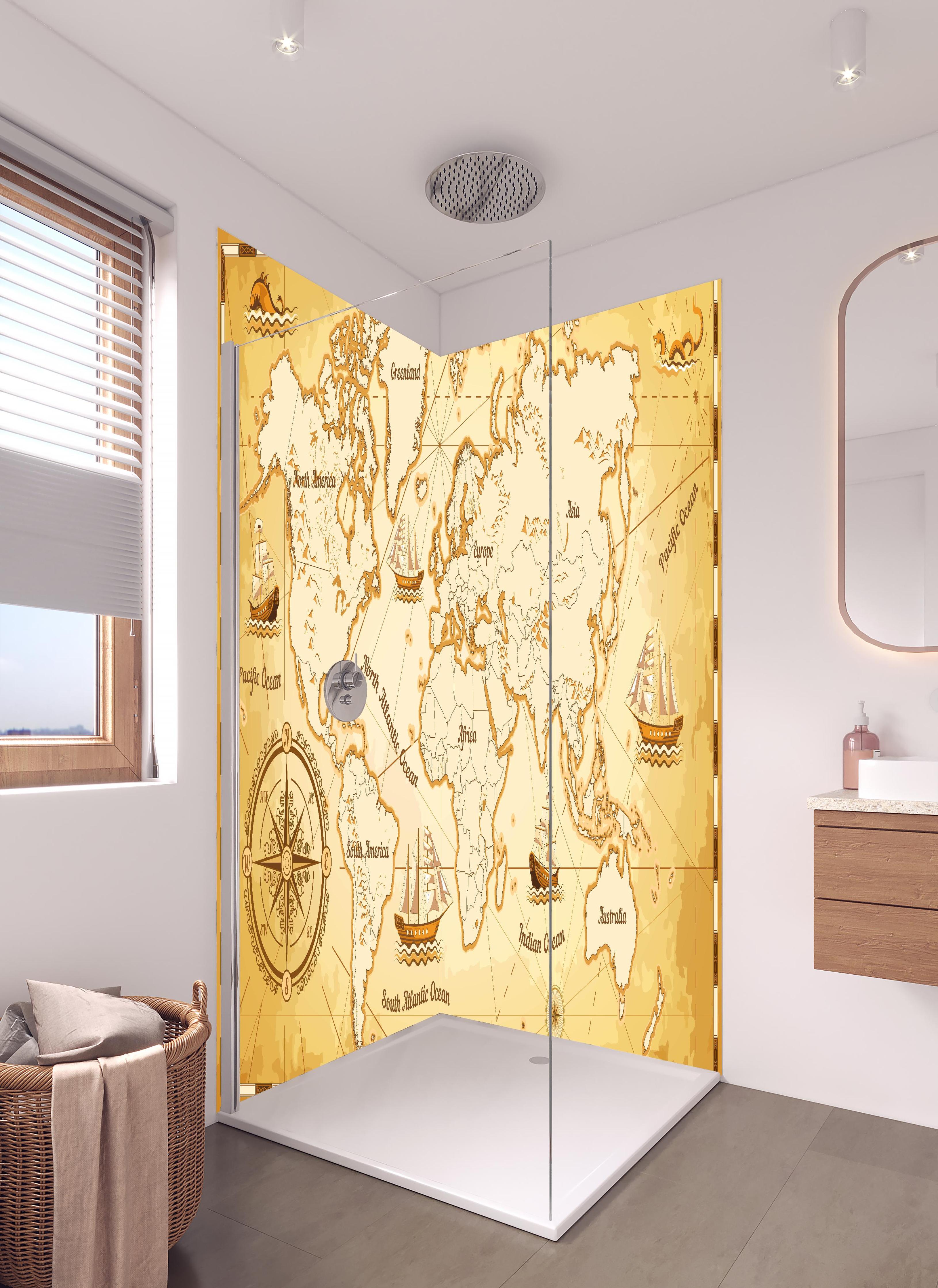Duschrückwand - Antike Weltkarte im Sepia-Look Poster in hellem Badezimmer mit Regenduschkopf - zweiteilige Eck-Duschrückwand