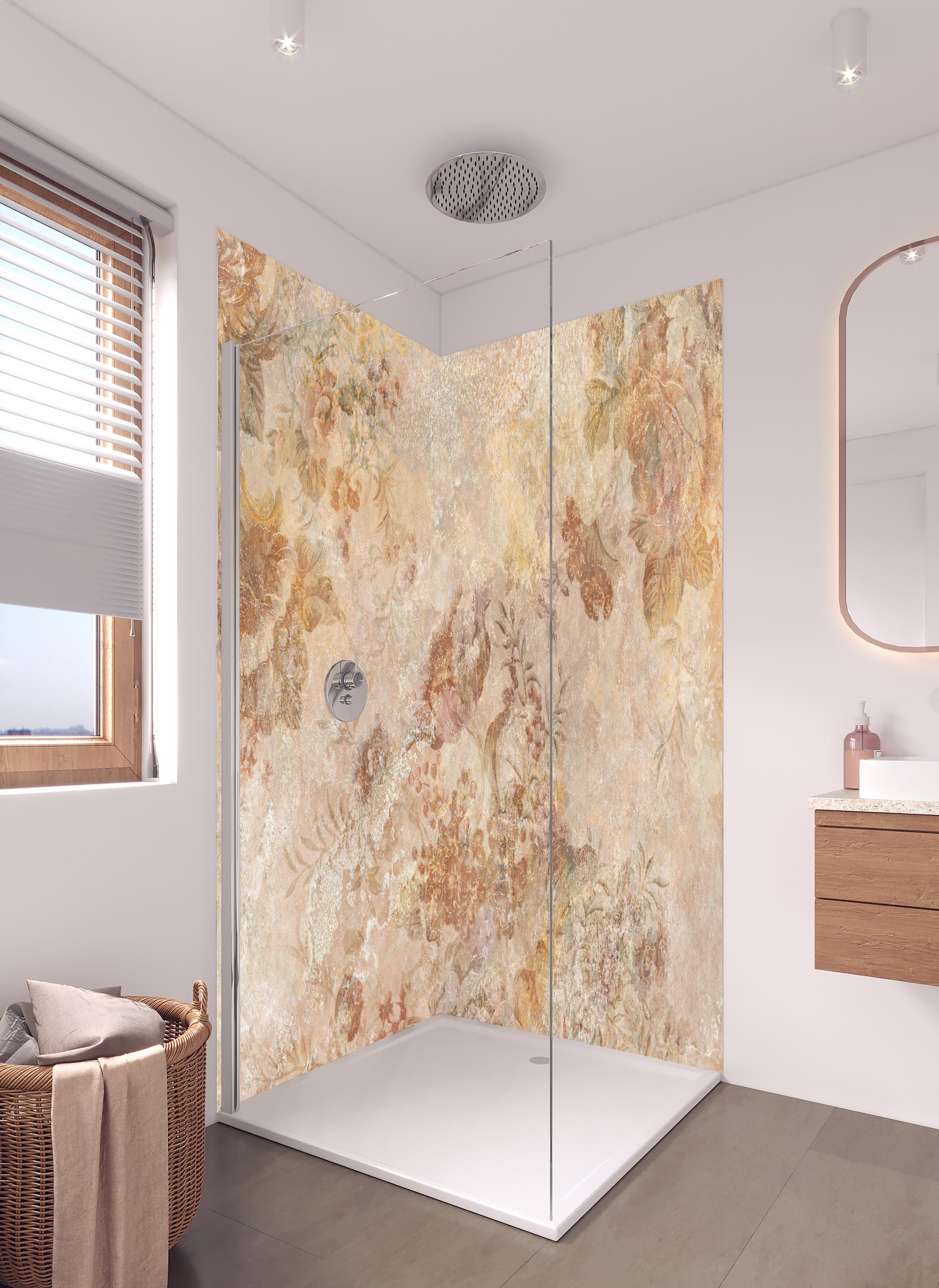 Duschrückwand - Antikes Blumen Design in hellem Badezimmer mit Regenduschkopf - zweiteilige Eck-Duschrückwand
