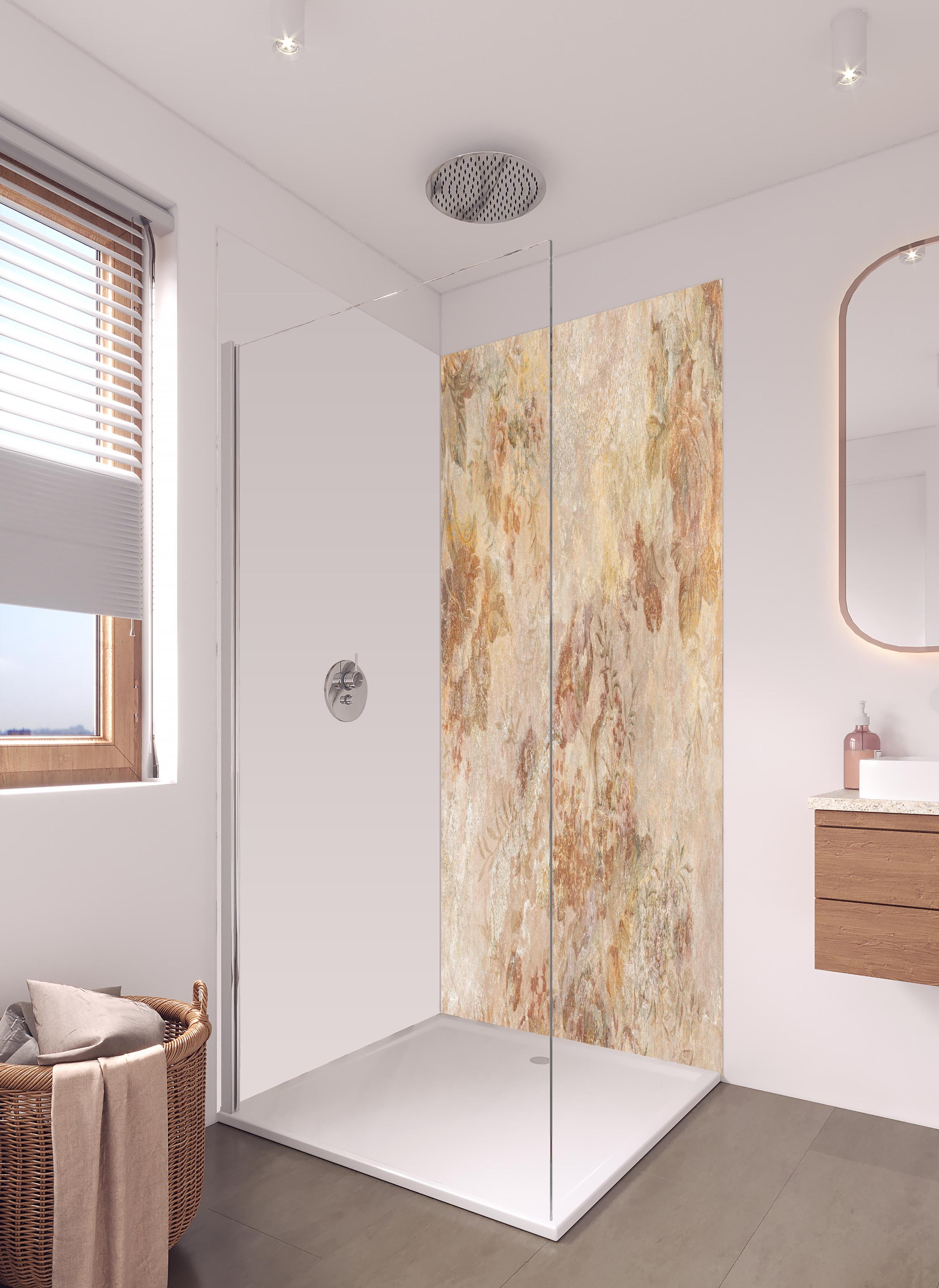 Duschrückwand - Antikes Blumen Design in hellem Badezimmer mit Regenduschkopf - zweiteilige Eck-Duschrückwand