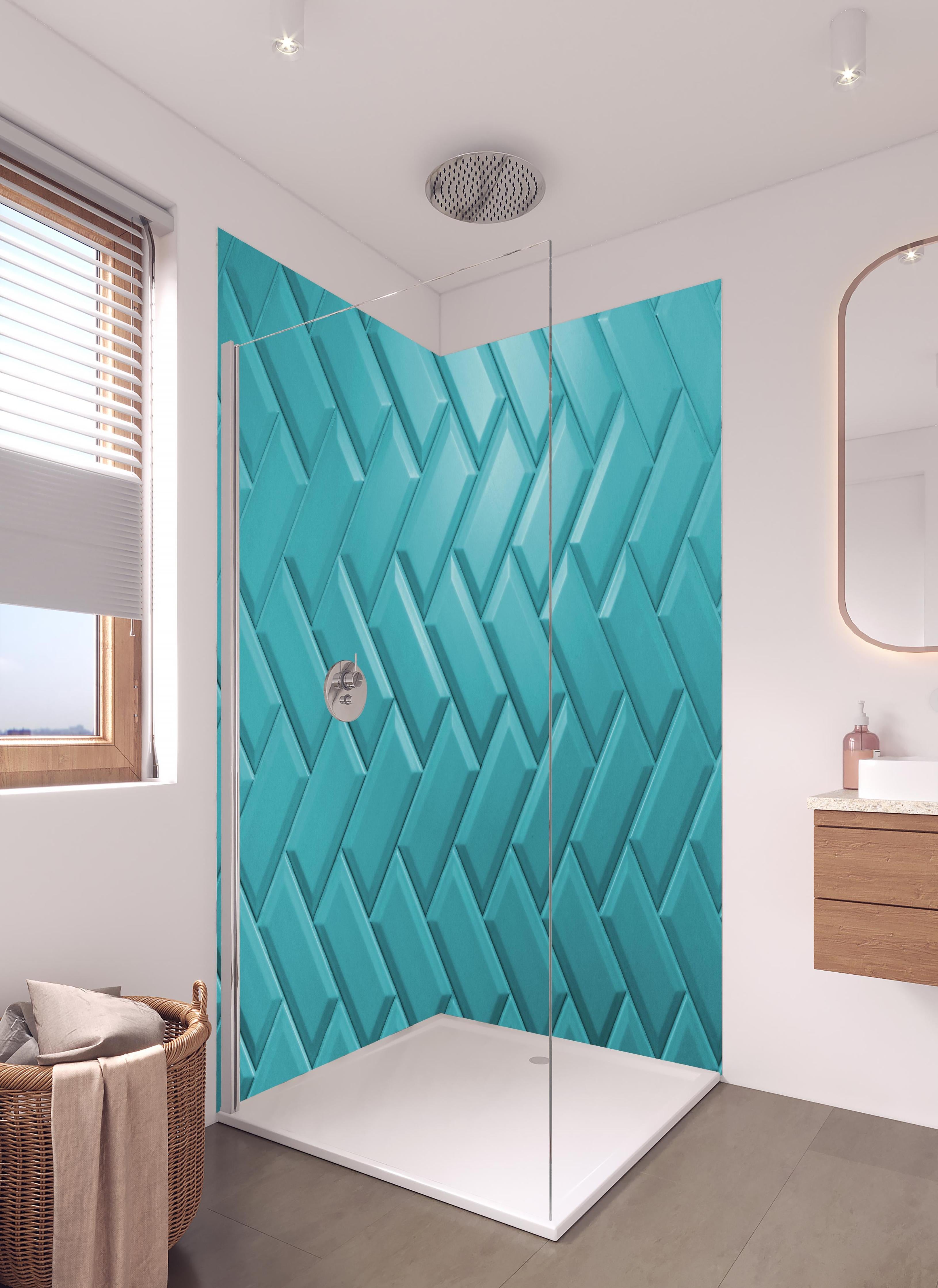 Duschrückwand - Aqua Matte Keramikfliesen in hellem Badezimmer mit Regenduschkopf - zweiteilige Eck-Duschrückwand