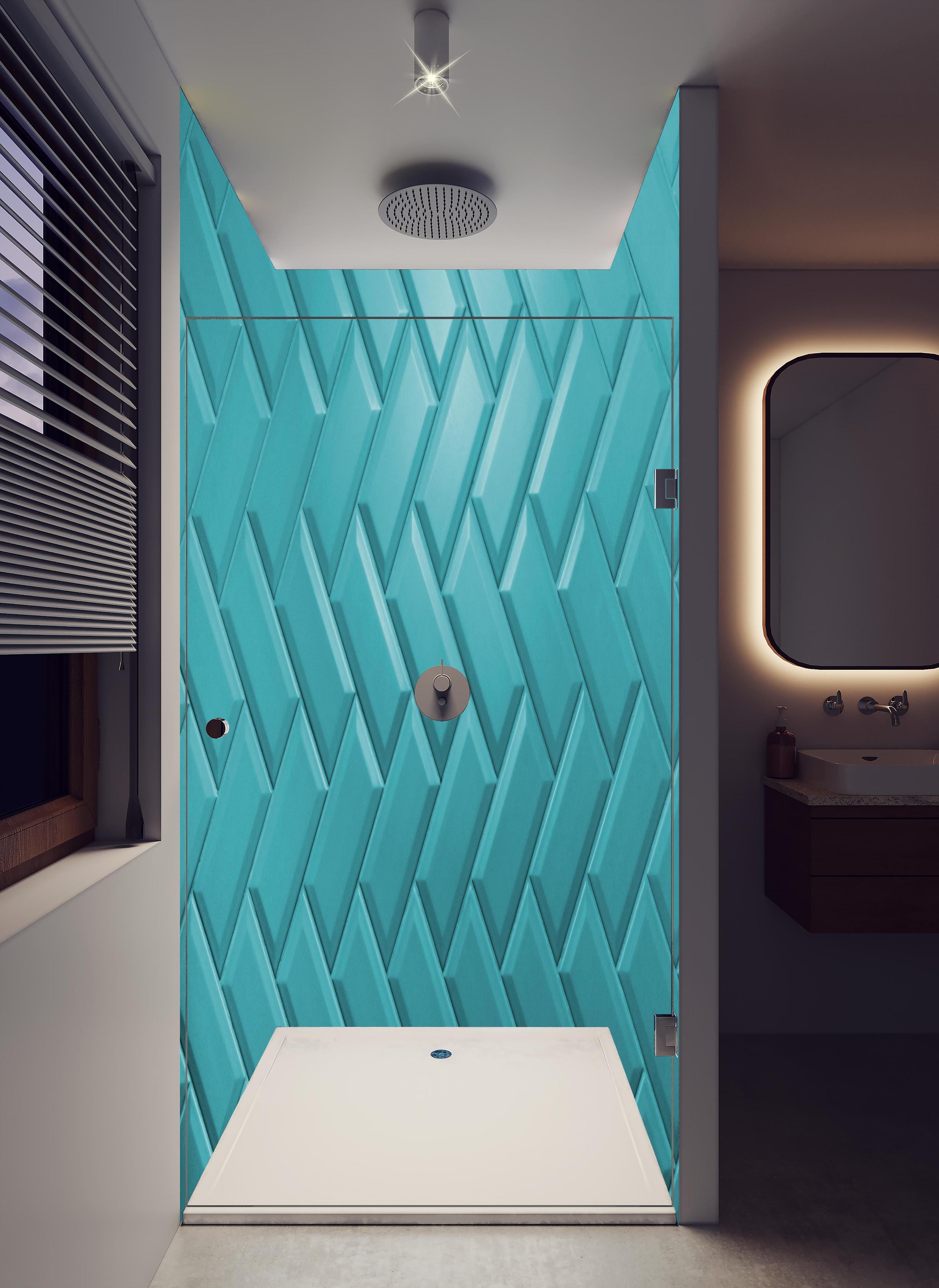 Duschrückwand - Aqua Matte Keramikfliesen in hellem Badezimmer mit Regenduschkopf - zweiteilige Eck-Duschrückwand