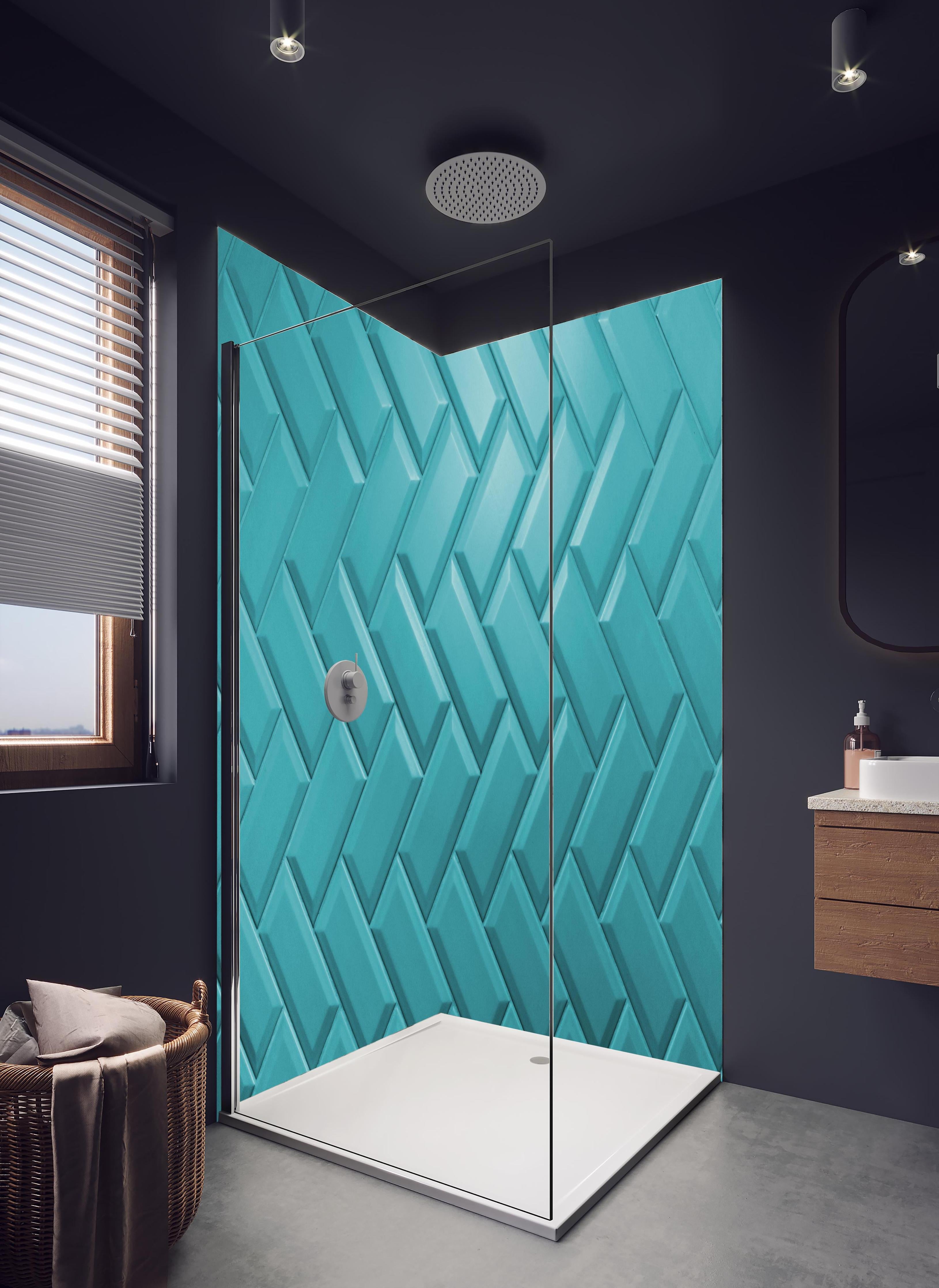 Duschrückwand - Aqua Matte Keramikfliesen in hellem Badezimmer mit Regenduschkopf - zweiteilige Eck-Duschrückwand