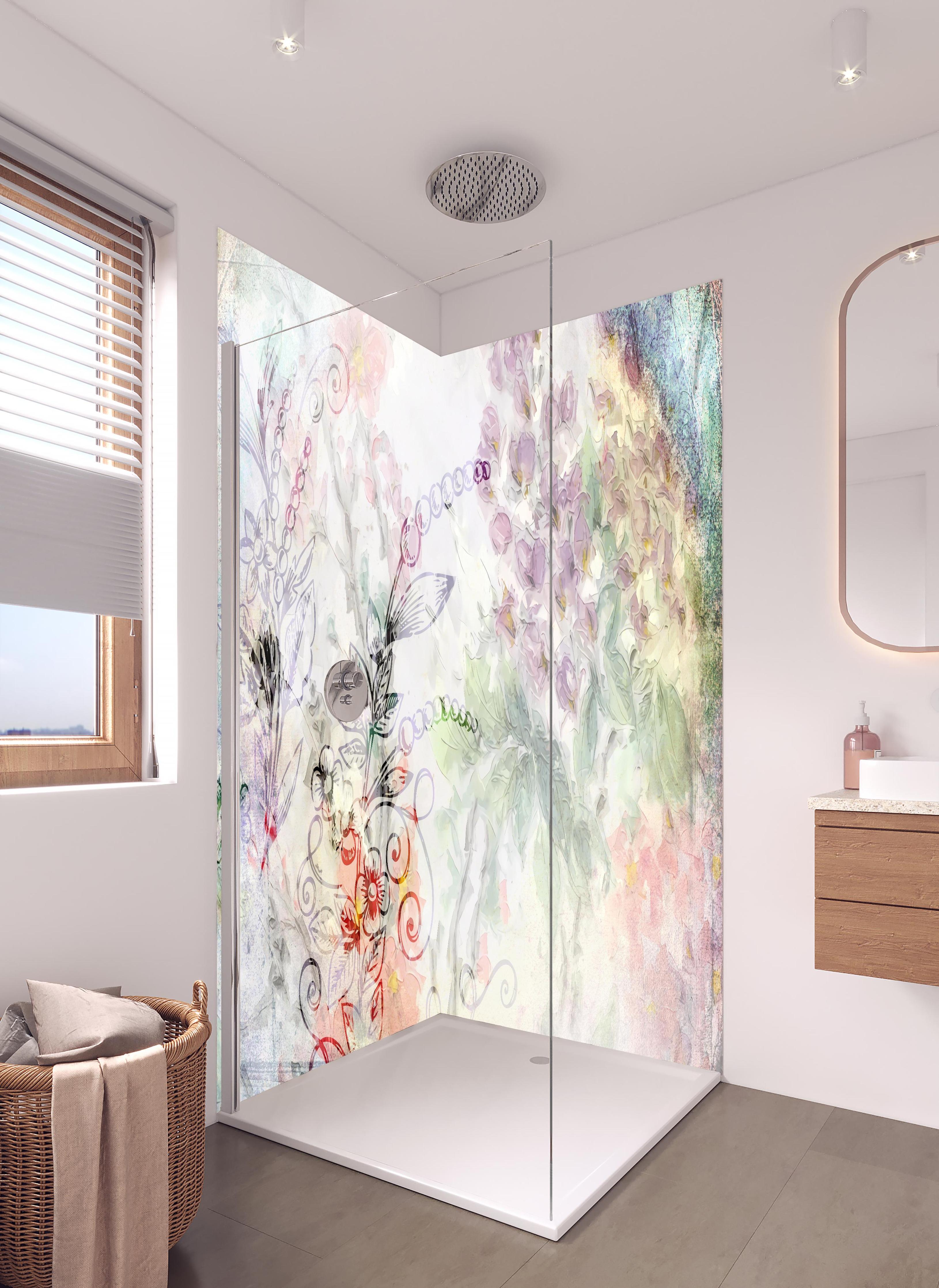 Duschrückwand - Aquarell Blumenkunst in Pastellfarben in hellem Badezimmer mit Regenduschkopf - zweiteilige Eck-Duschrückwand