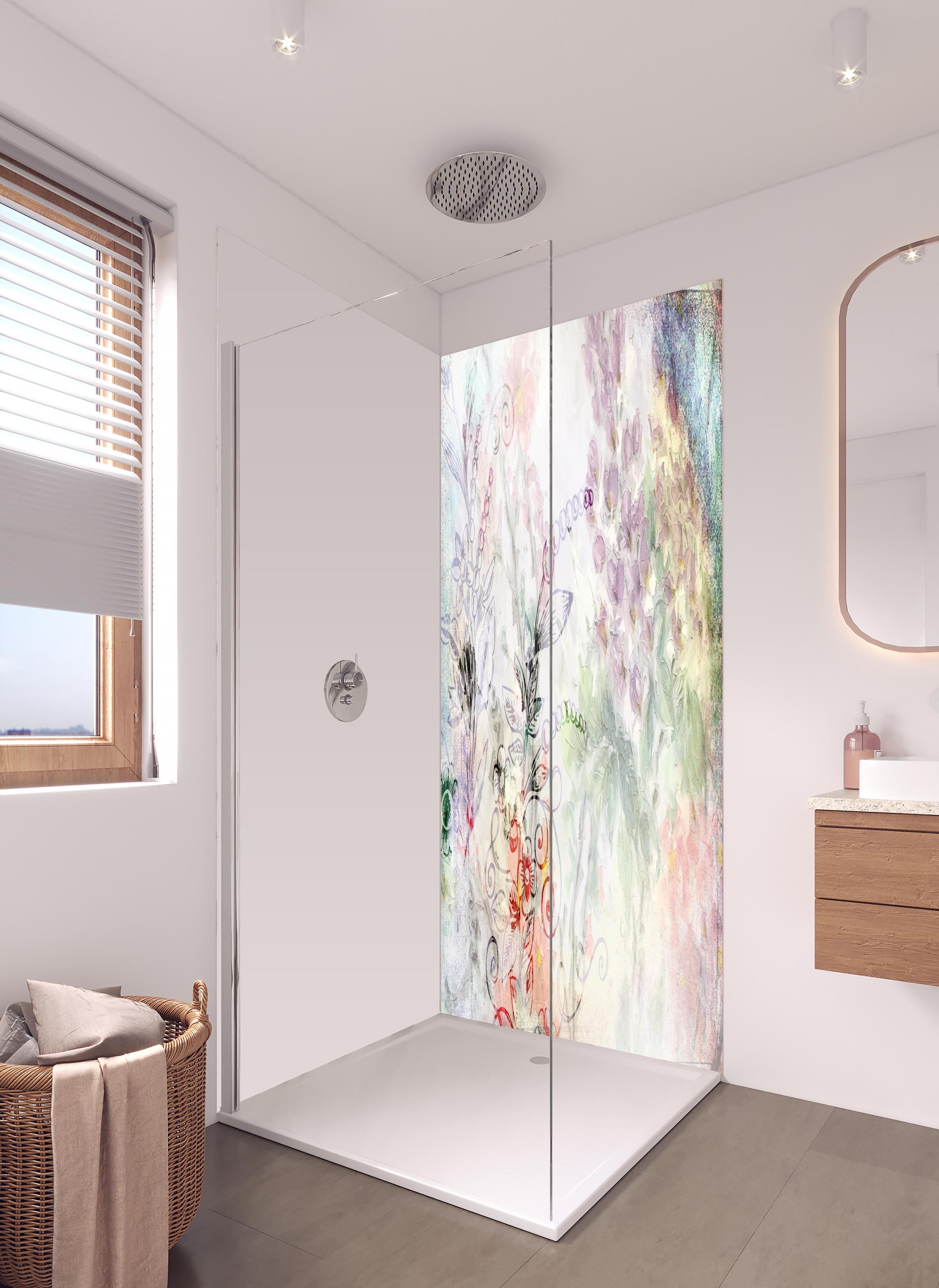 Duschrückwand - Aquarell Blumenkunst in Pastellfarben in hellem Badezimmer mit Regenduschkopf - zweiteilige Eck-Duschrückwand