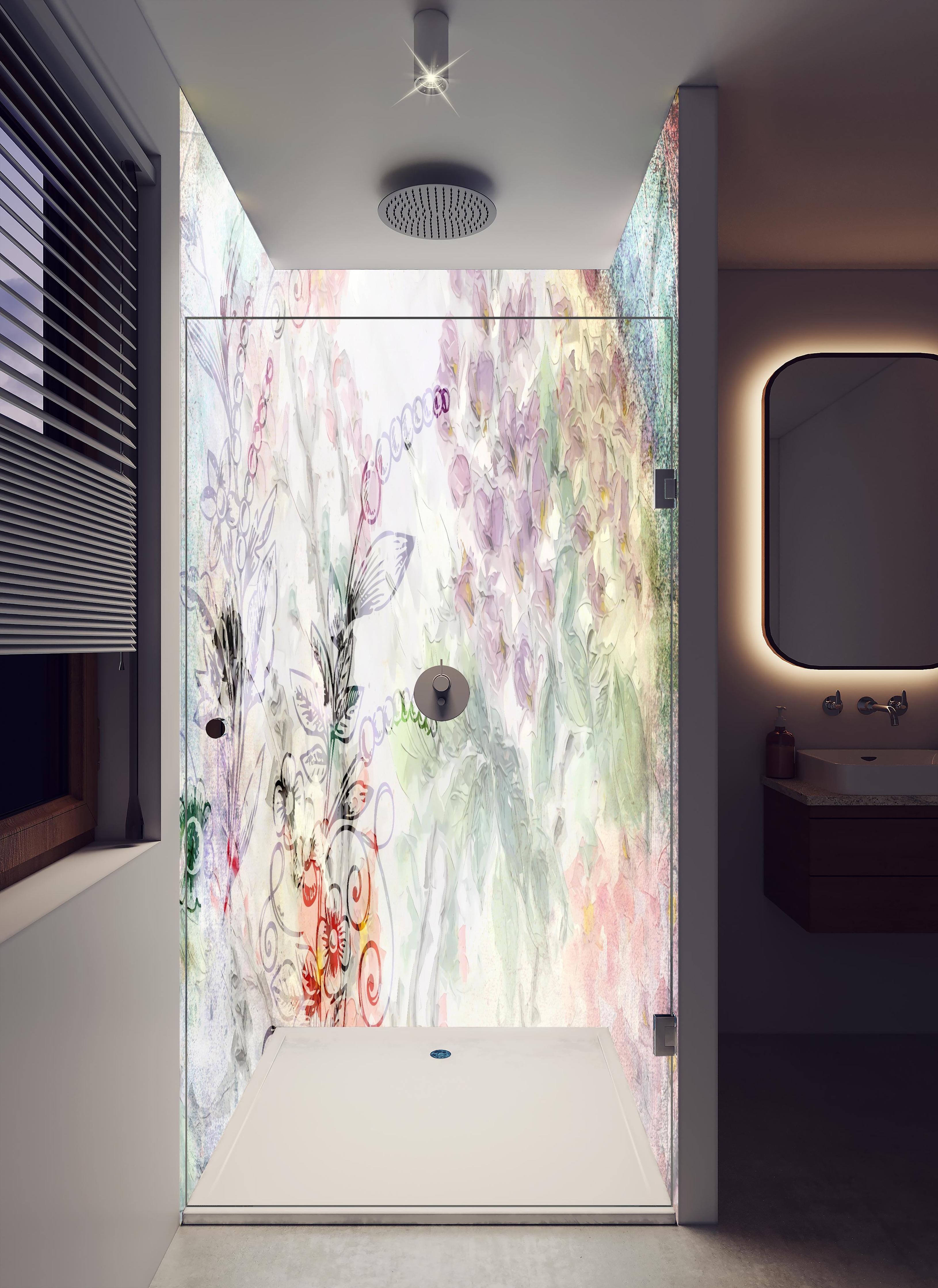 Duschrückwand - Aquarell Blumenkunst in Pastellfarben in hellem Badezimmer mit Regenduschkopf - zweiteilige Eck-Duschrückwand
