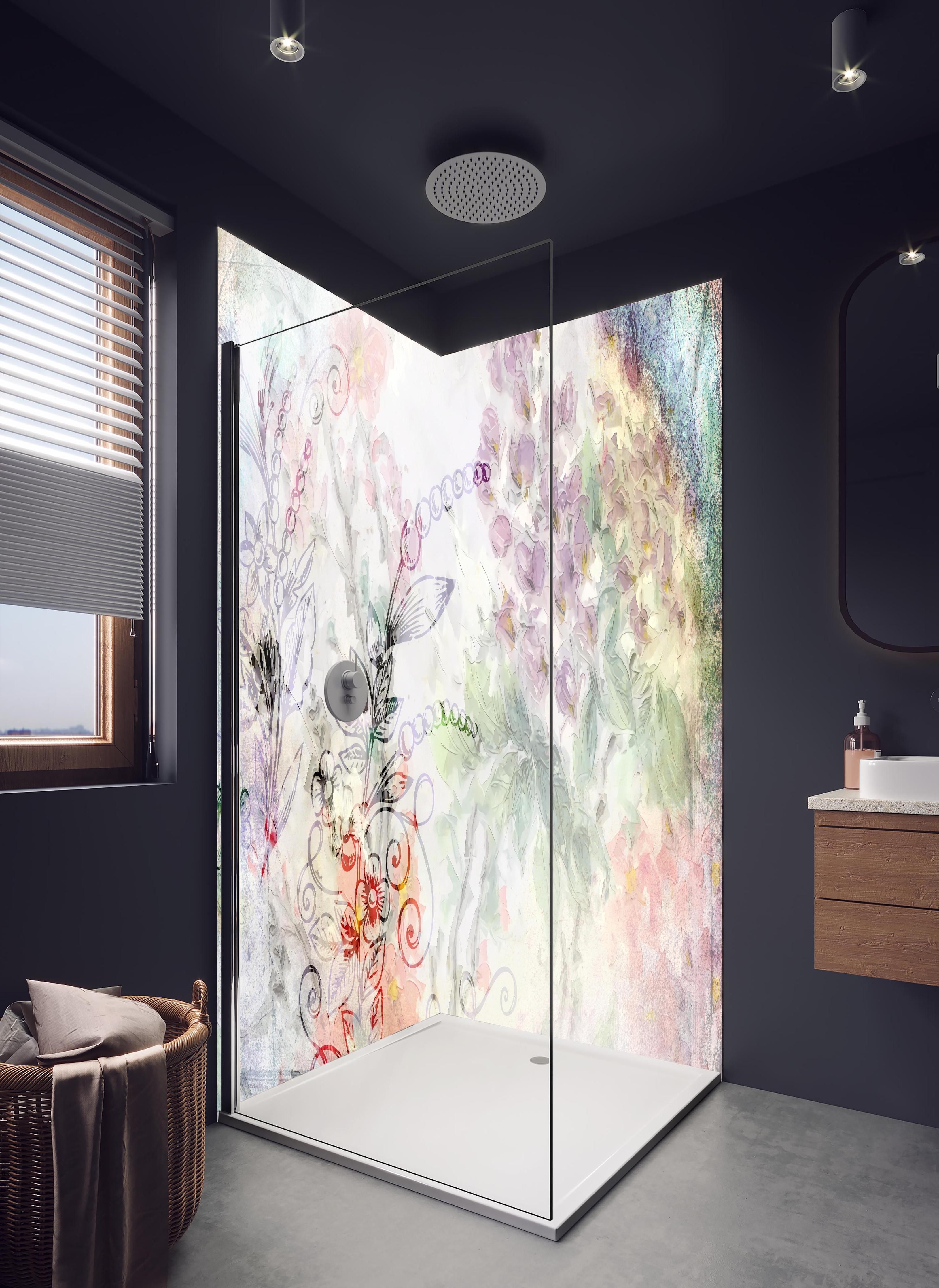 Duschrückwand - Aquarell Blumenkunst in Pastellfarben in hellem Badezimmer mit Regenduschkopf - zweiteilige Eck-Duschrückwand
