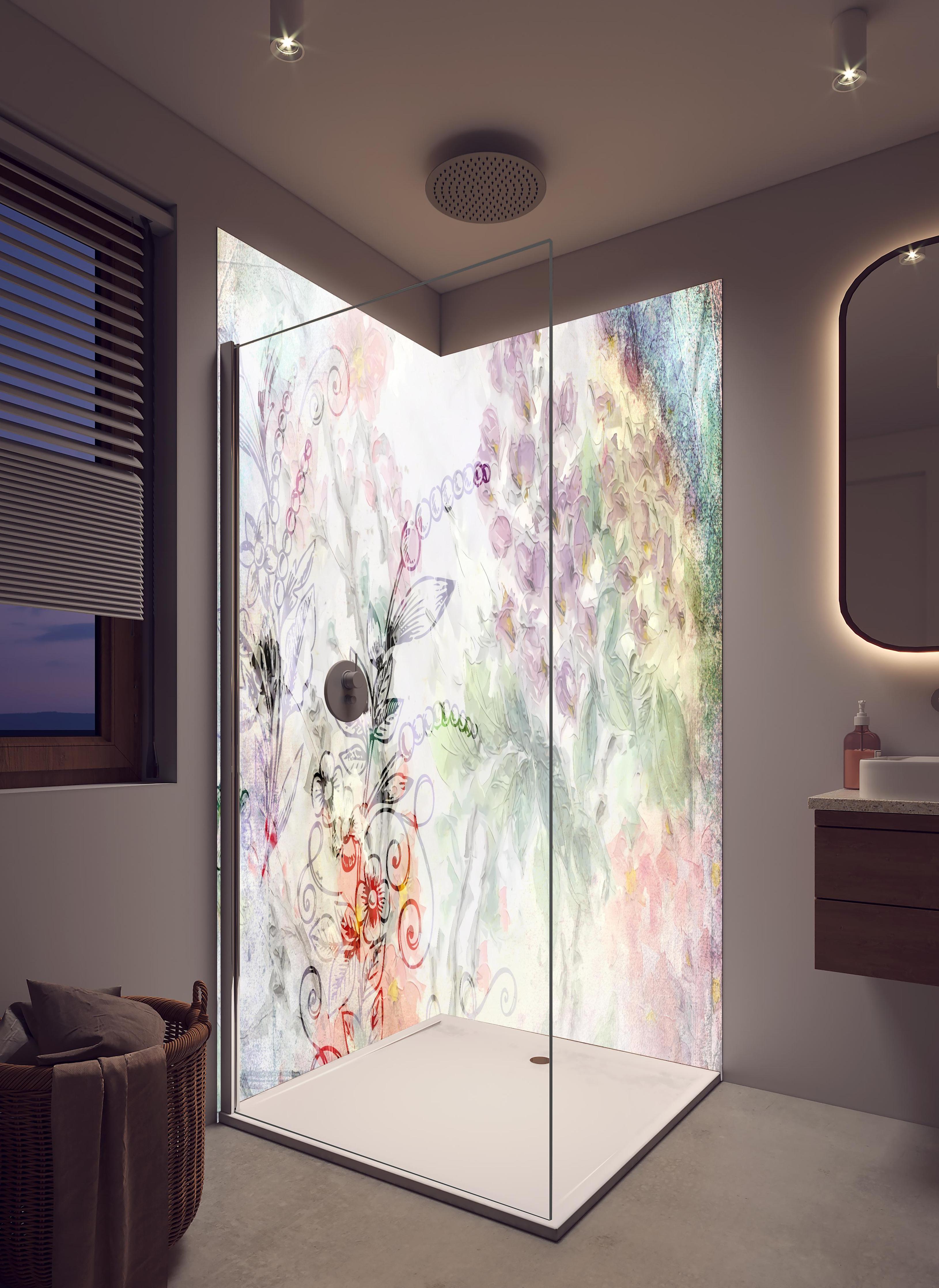 Duschrückwand - Aquarell Blumenkunst in Pastellfarben in hellem Badezimmer mit Regenduschkopf - zweiteilige Eck-Duschrückwand