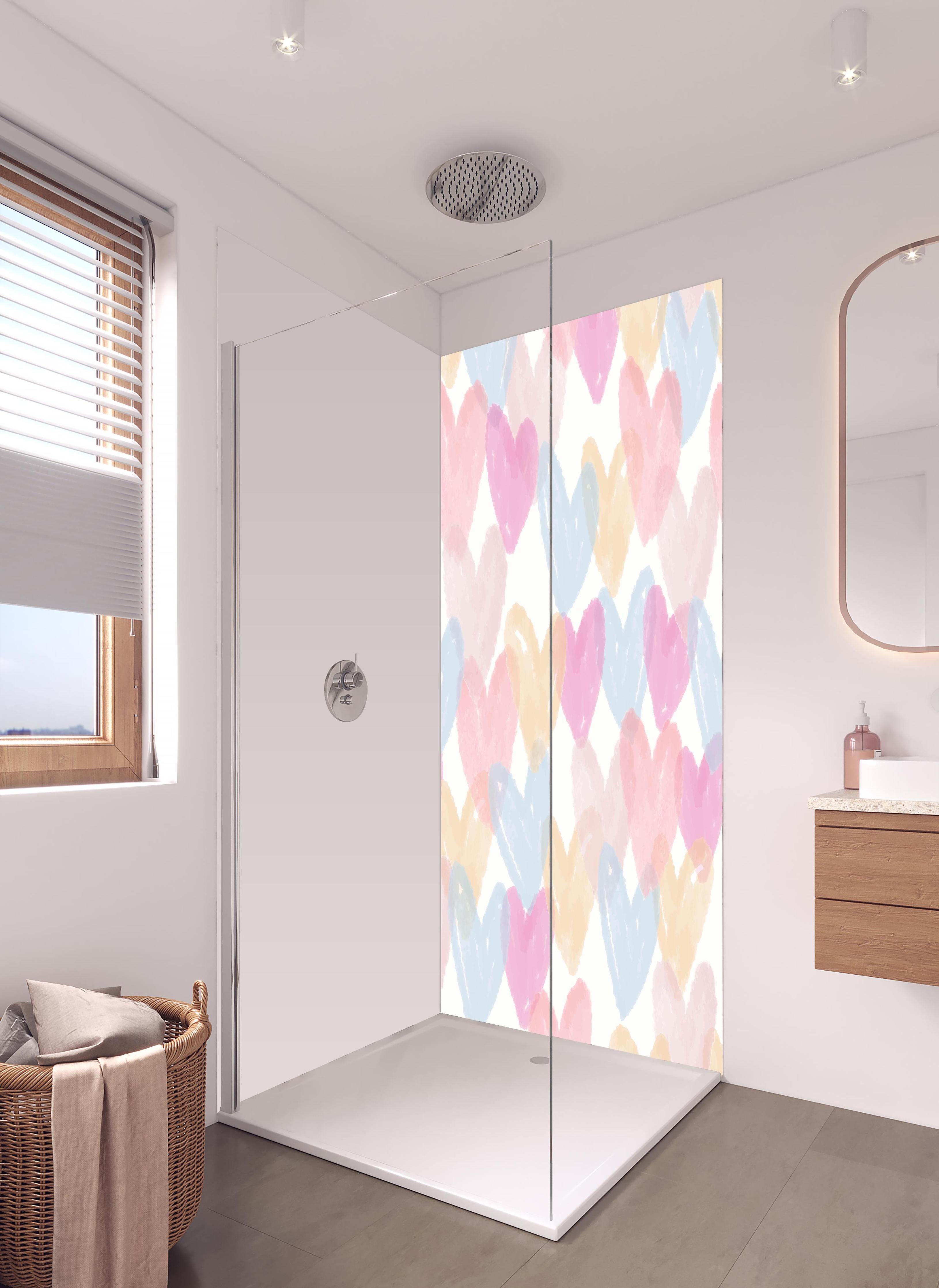 Duschrückwand - Aquarell Herzen Muster in Pastellfarben in hellem Badezimmer mit Regenduschkopf - zweiteilige Eck-Duschrückwand