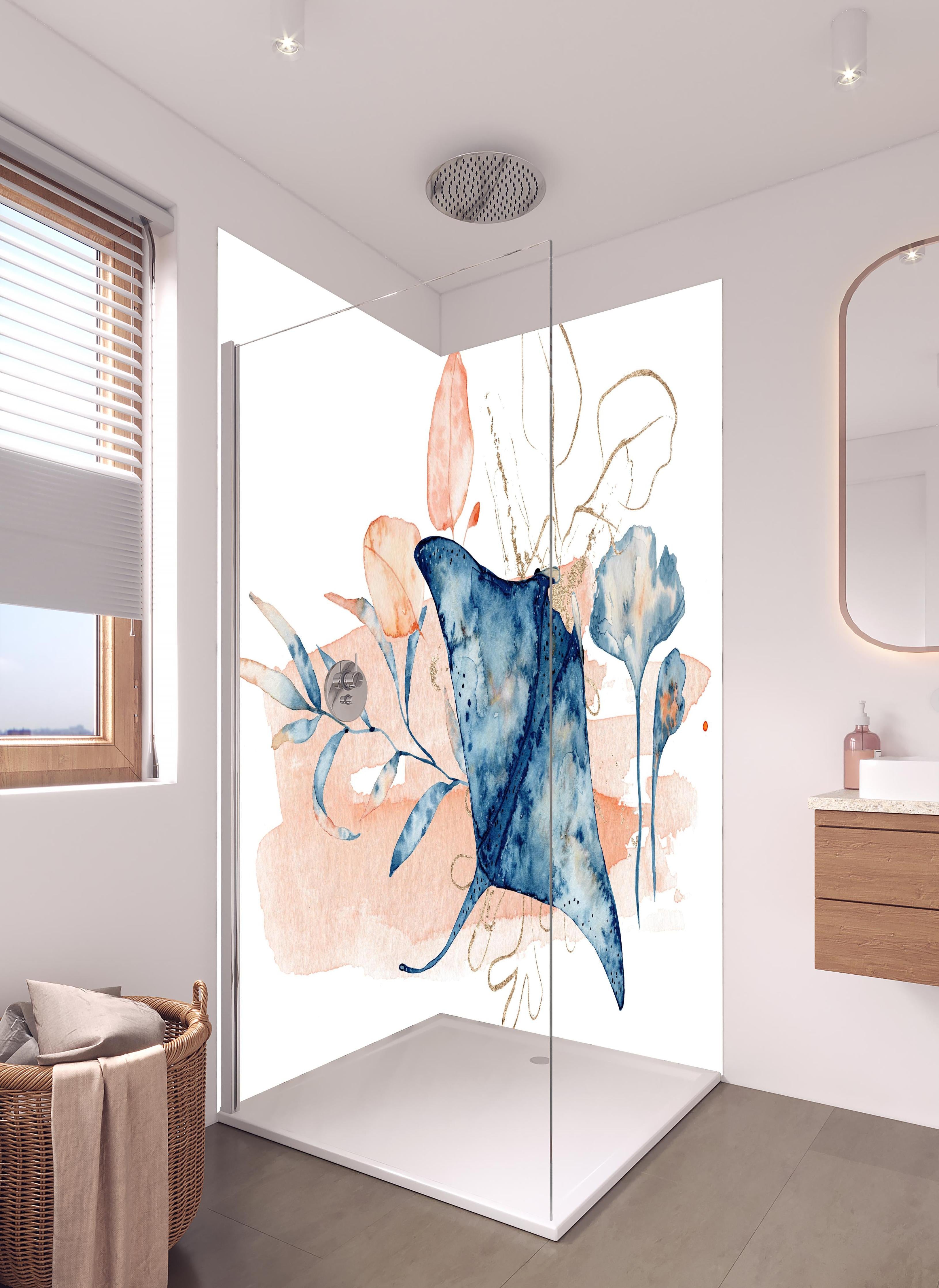 Duschrückwand - Aquarell-Illustration eines Rochenfisches in hellem Badezimmer mit Regenduschkopf - zweiteilige Eck-Duschrückwand