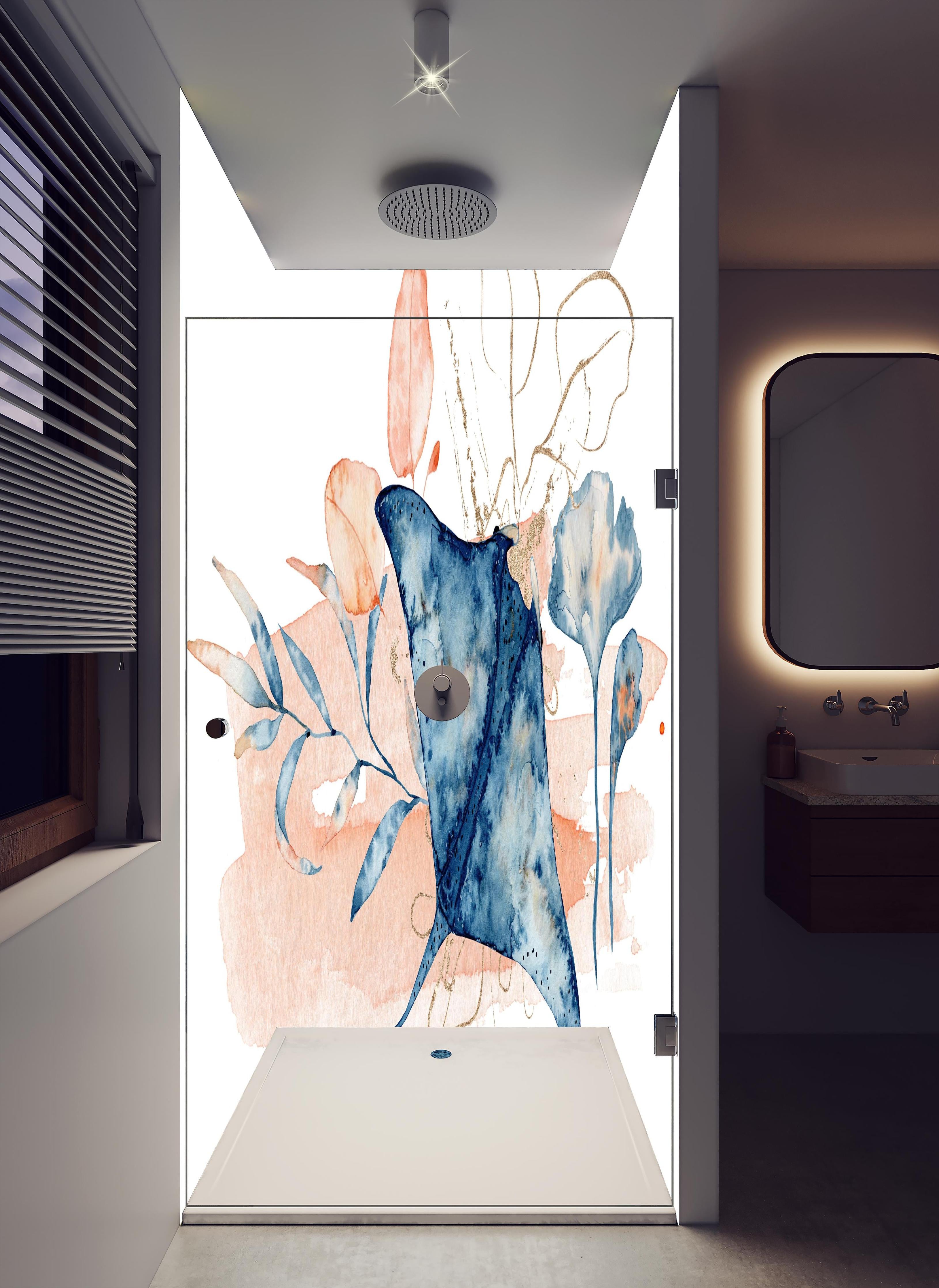 Duschrückwand - Aquarell-Illustration eines Rochenfisches in hellem Badezimmer mit Regenduschkopf - zweiteilige Eck-Duschrückwand