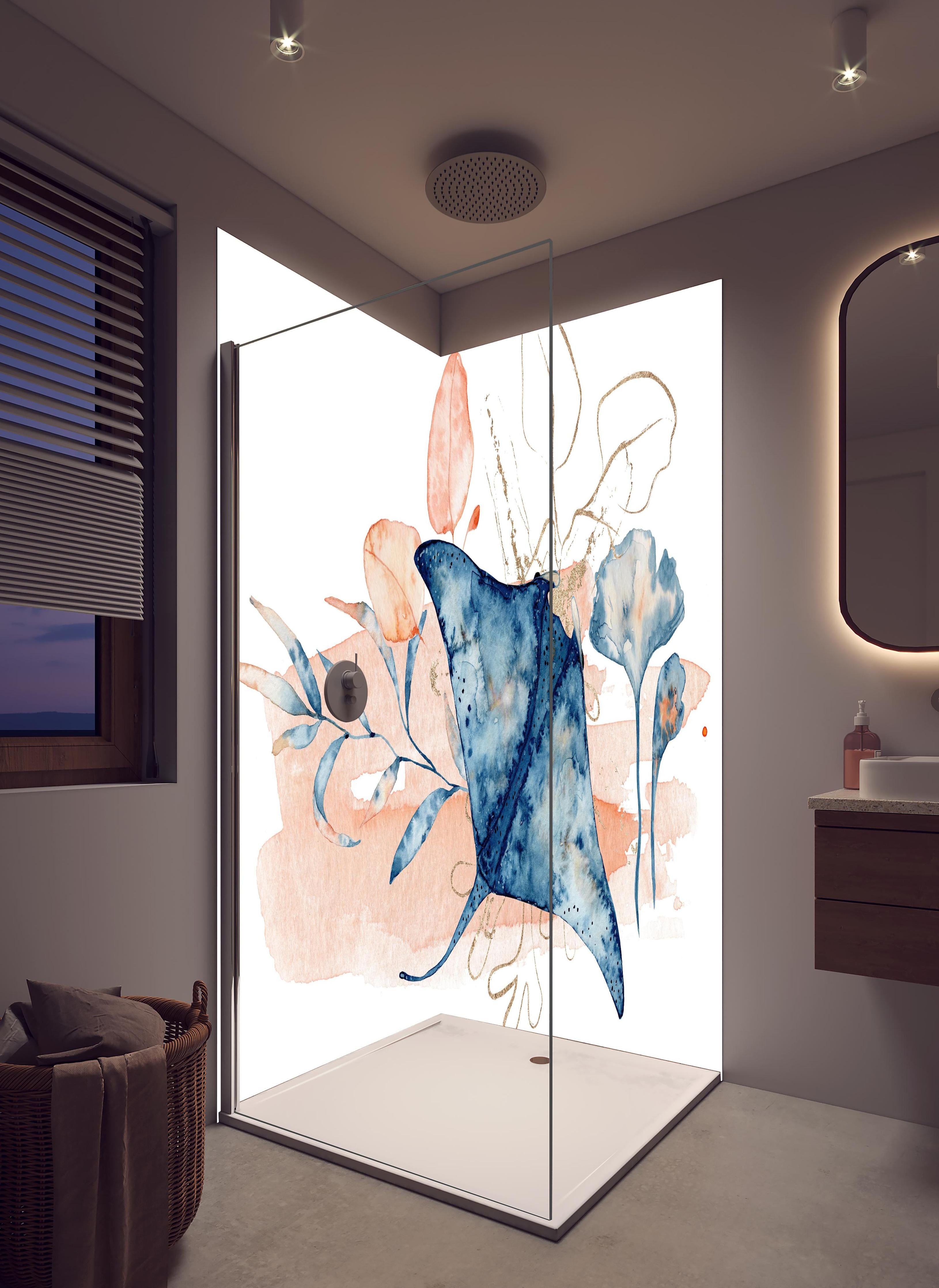 Duschrückwand - Aquarell-Illustration eines Rochenfisches in hellem Badezimmer mit Regenduschkopf - zweiteilige Eck-Duschrückwand