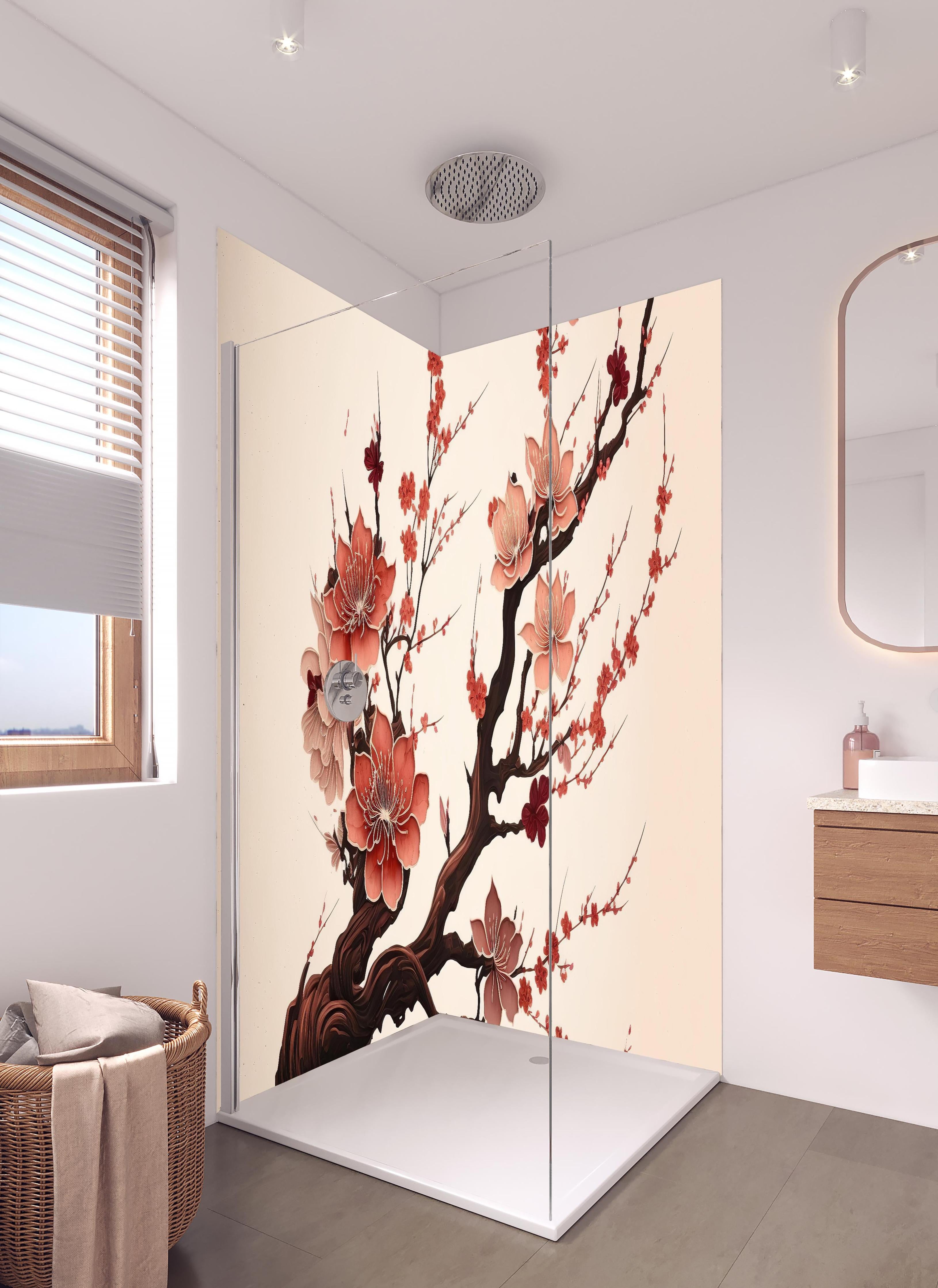 Duschrückwand - Aquarell Kirschblütenzweig Sakura in hellem Badezimmer mit Regenduschkopf - zweiteilige Eck-Duschrückwand