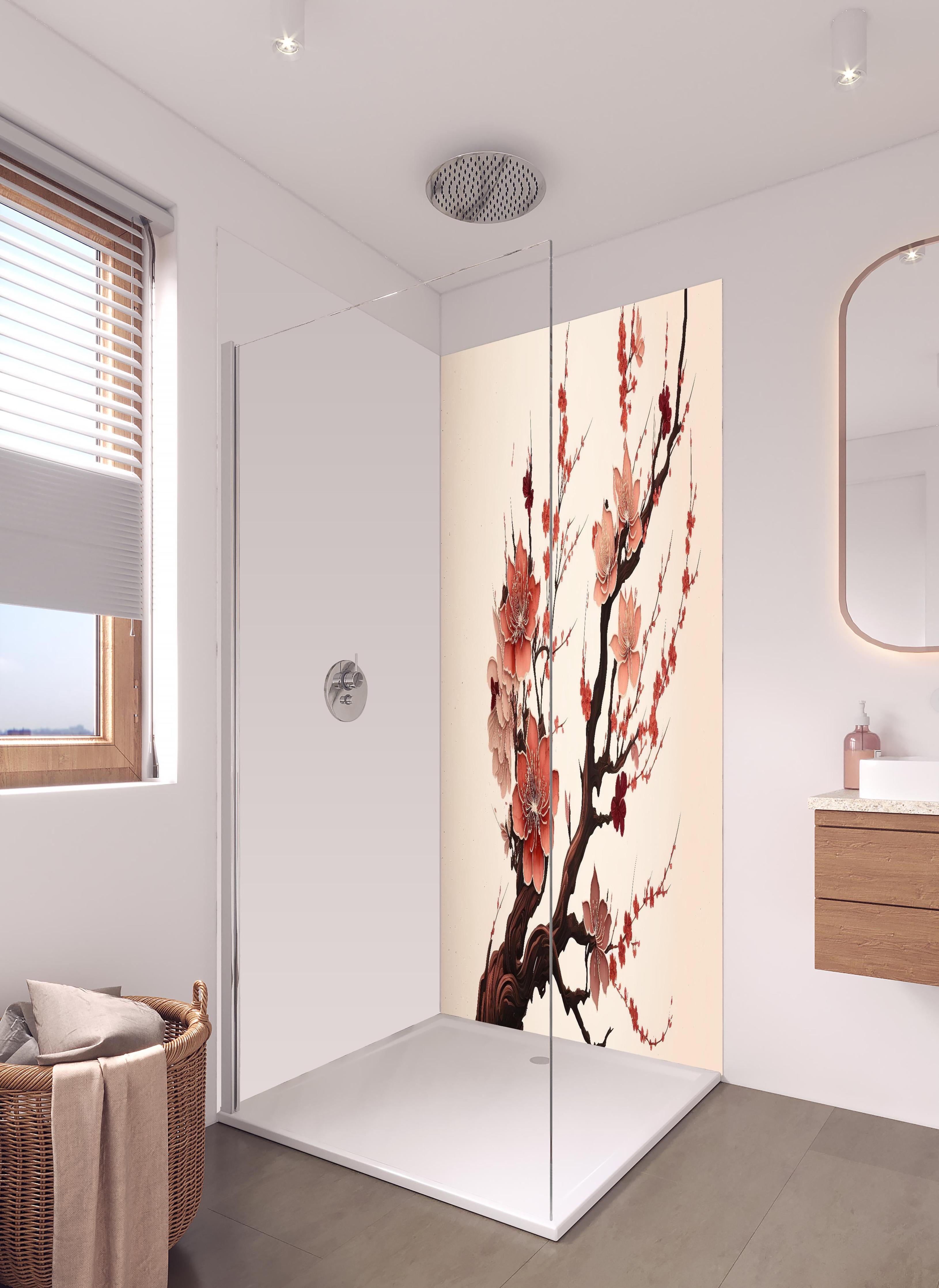 Duschrückwand - Aquarell Kirschblütenzweig Sakura in hellem Badezimmer mit Regenduschkopf - zweiteilige Eck-Duschrückwand