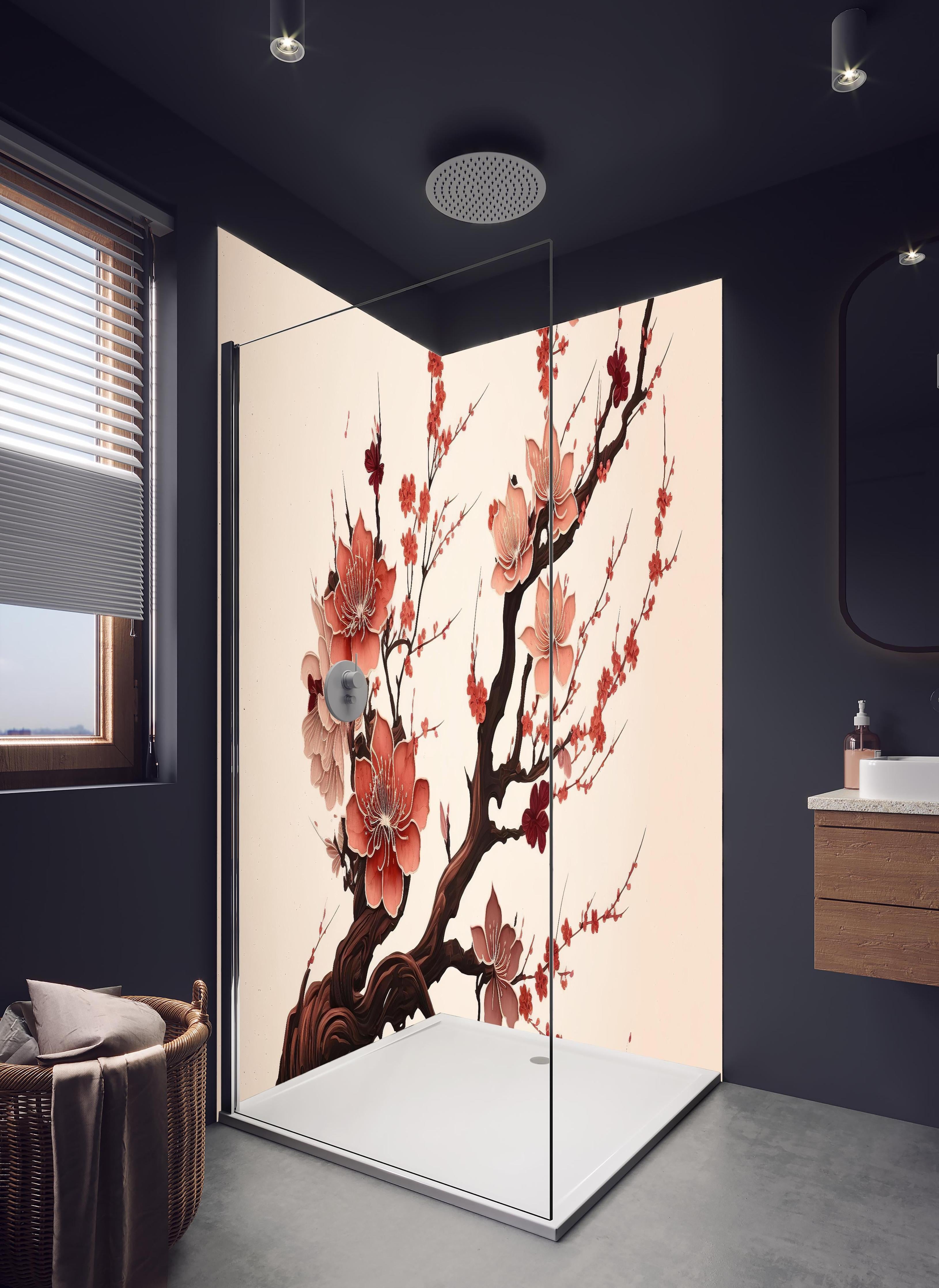 Duschrückwand - Aquarell Kirschblütenzweig Sakura in hellem Badezimmer mit Regenduschkopf - zweiteilige Eck-Duschrückwand
