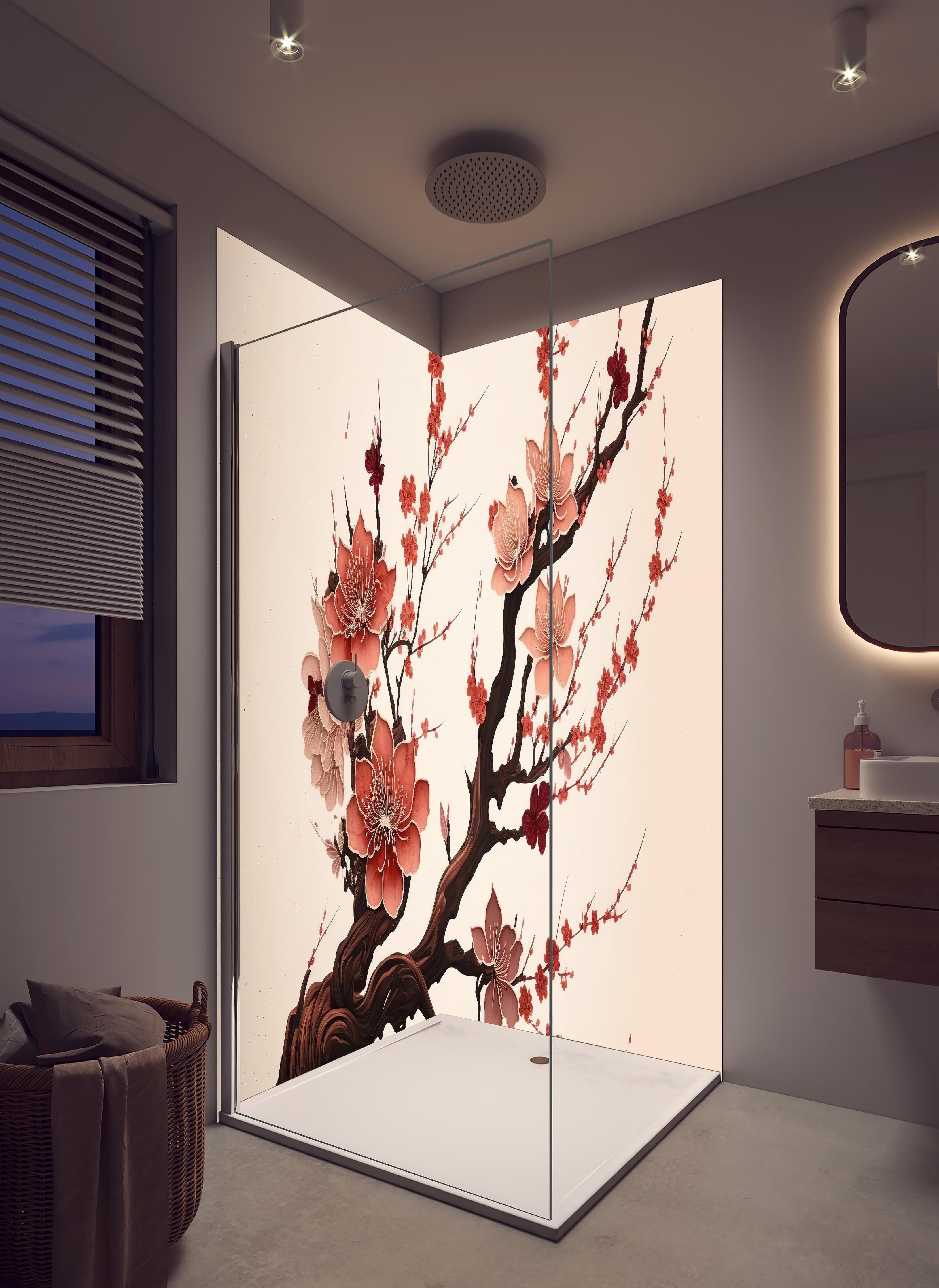 Duschrückwand - Aquarell Kirschblütenzweig Sakura in hellem Badezimmer mit Regenduschkopf - zweiteilige Eck-Duschrückwand