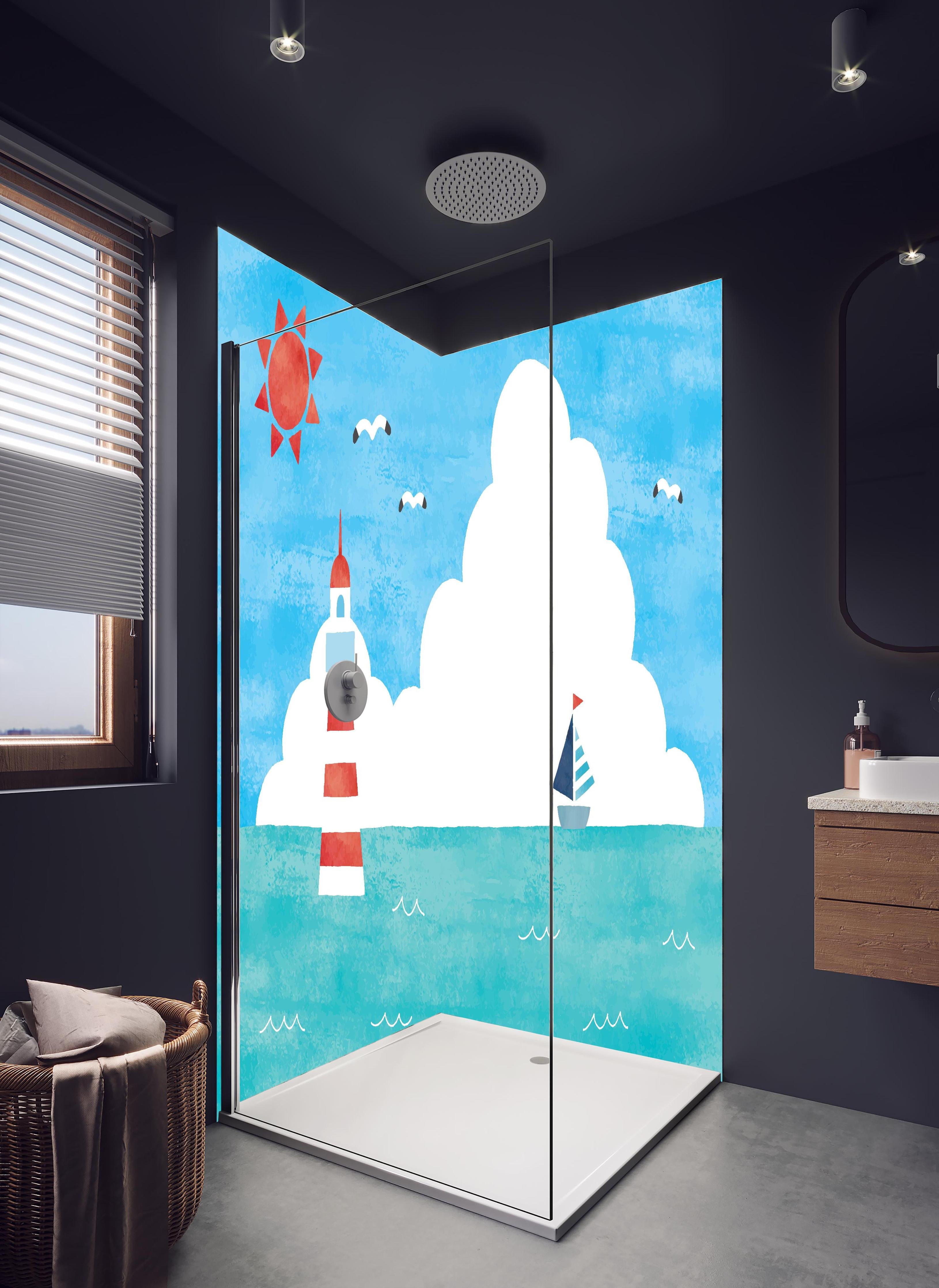 Duschrückwand - Aquarell Leuchtturm Segelboot Sonne in hellem Badezimmer mit Regenduschkopf - zweiteilige Eck-Duschrückwand