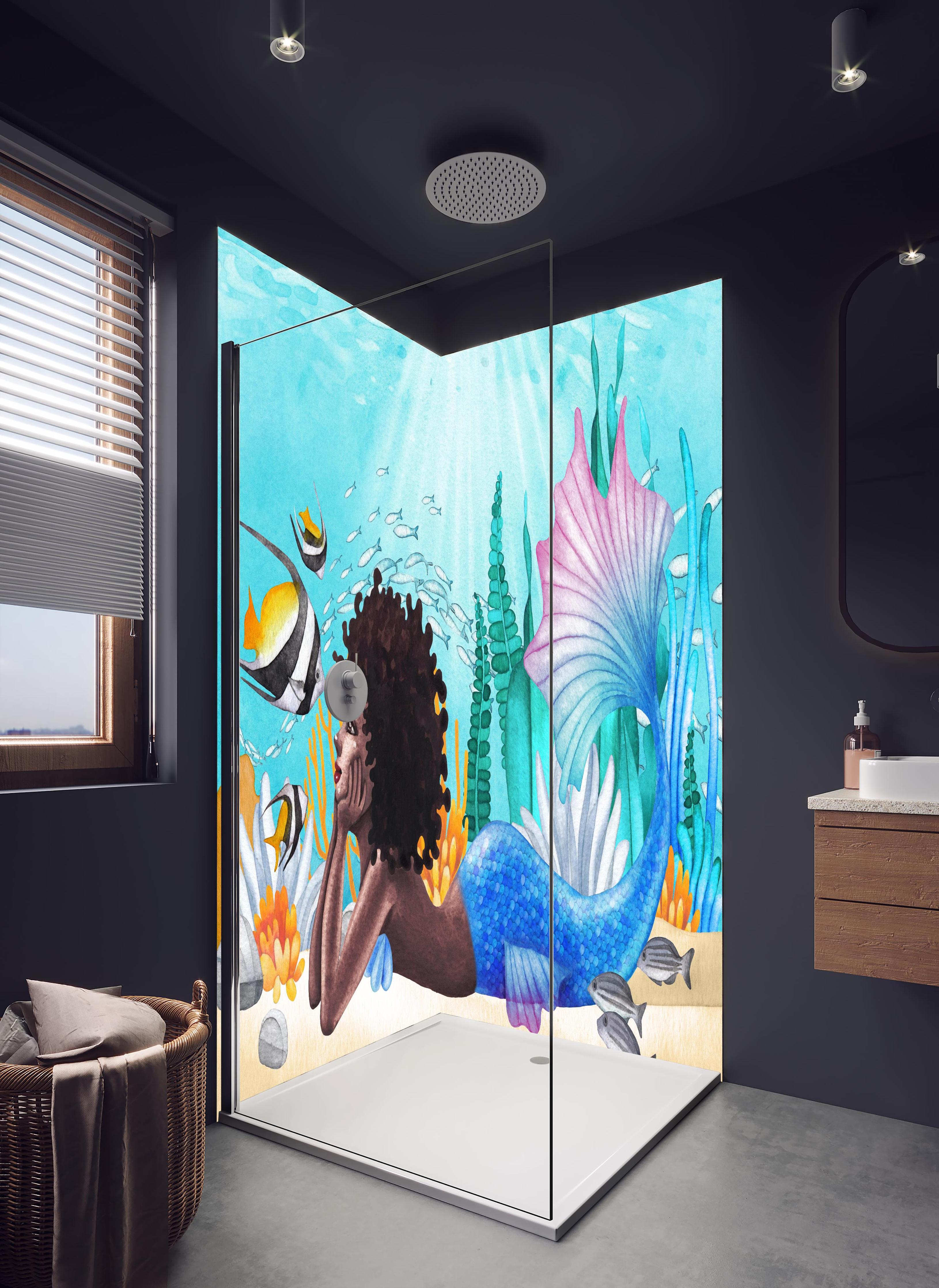 Duschrückwand - Aquarell Meerjungfrau liegt am Boden des Ozean in hellem Badezimmer mit Regenduschkopf - zweiteilige Eck-Duschrückwand