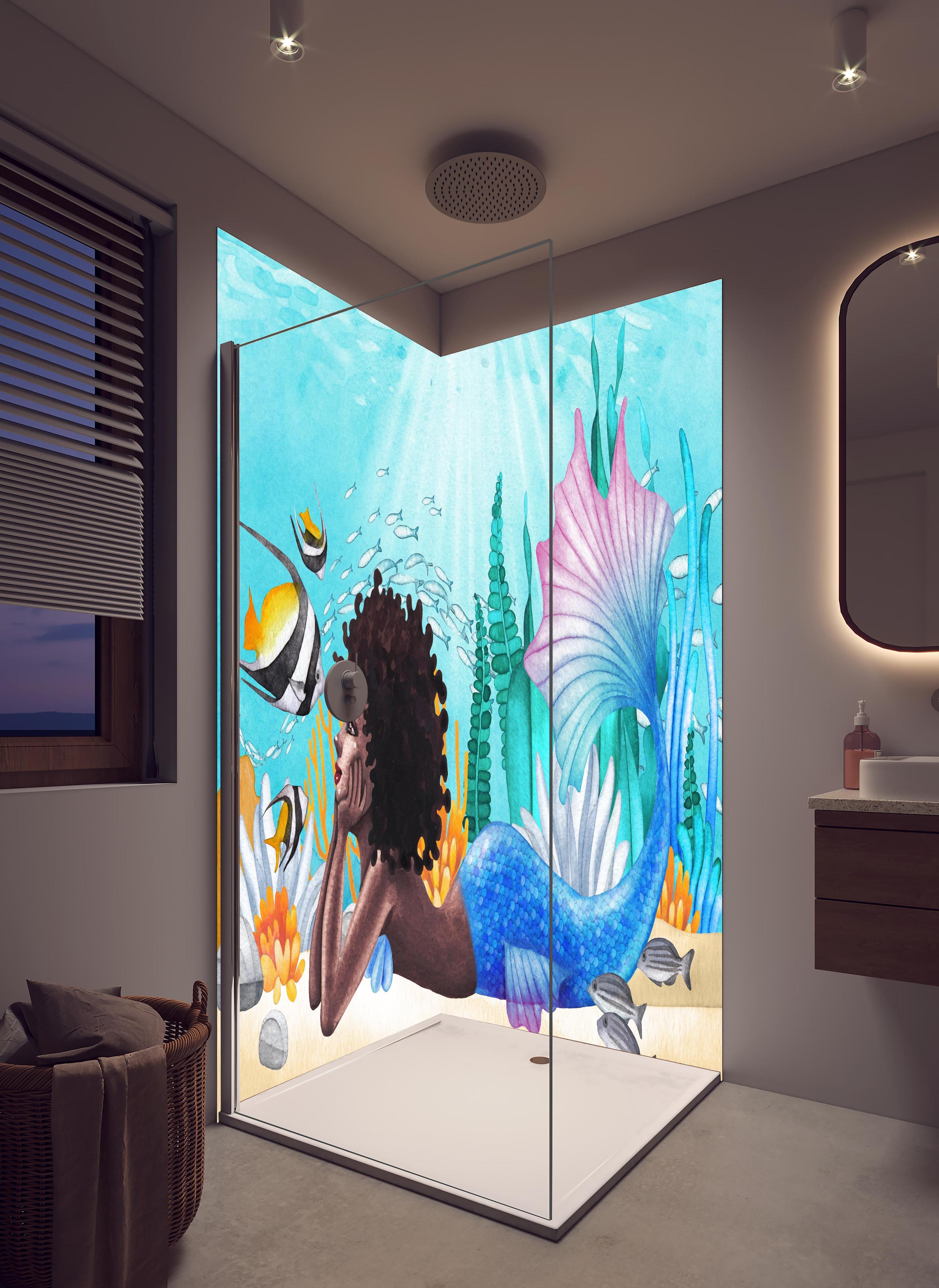 Duschrückwand - Aquarell Meerjungfrau liegt am Boden des Ozean in hellem Badezimmer mit Regenduschkopf - zweiteilige Eck-Duschrückwand