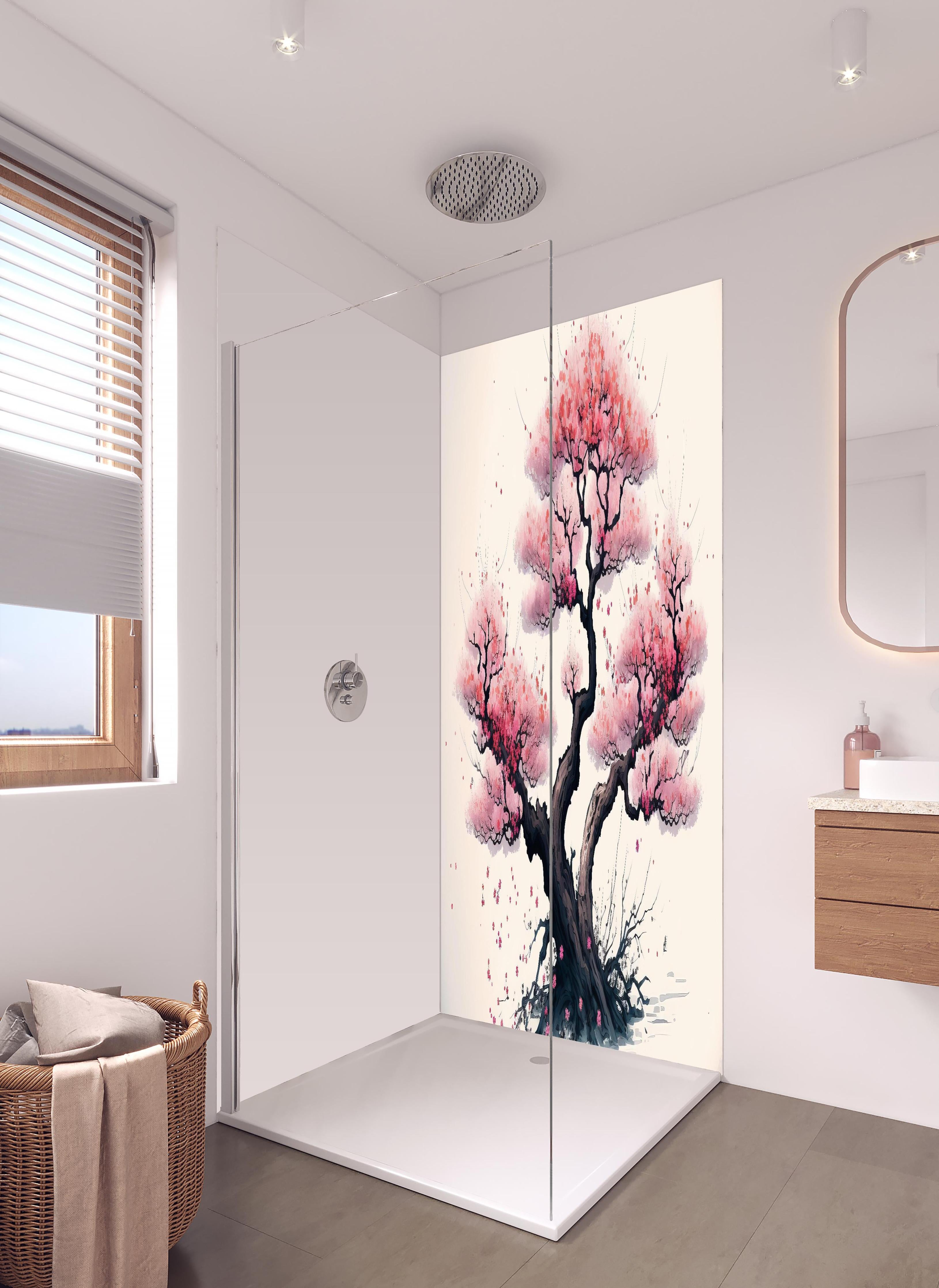 Duschrückwand - Aquarell Sakura Baum in Blüte in hellem Badezimmer mit Regenduschkopf - zweiteilige Eck-Duschrückwand