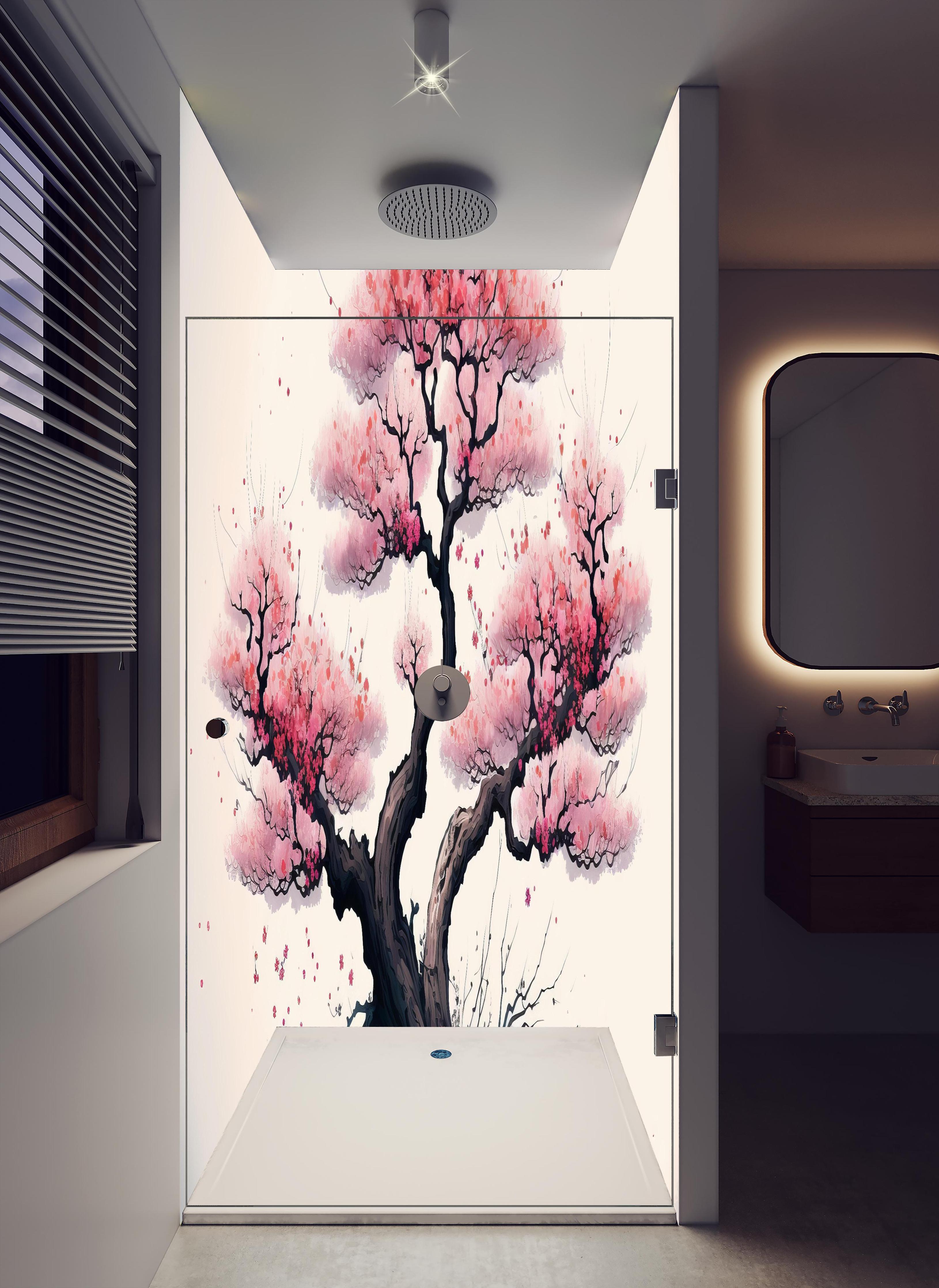 Duschrückwand - Aquarell Sakura Baum in Blüte in hellem Badezimmer mit Regenduschkopf - zweiteilige Eck-Duschrückwand