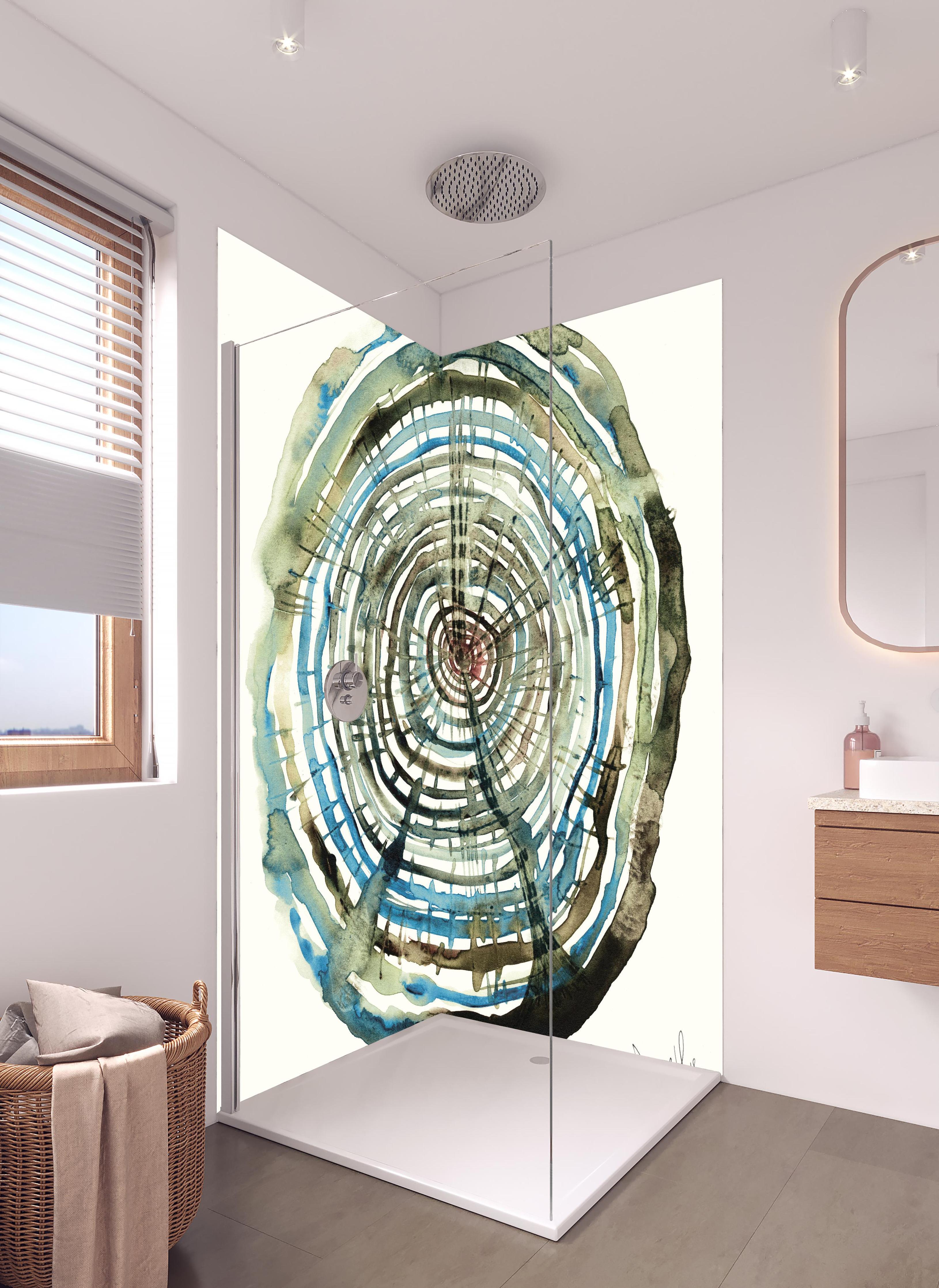 Duschrückwand - Aquarell Zeichnung - Baumstamm Muster in hellem Badezimmer mit Regenduschkopf - zweiteilige Eck-Duschrückwand