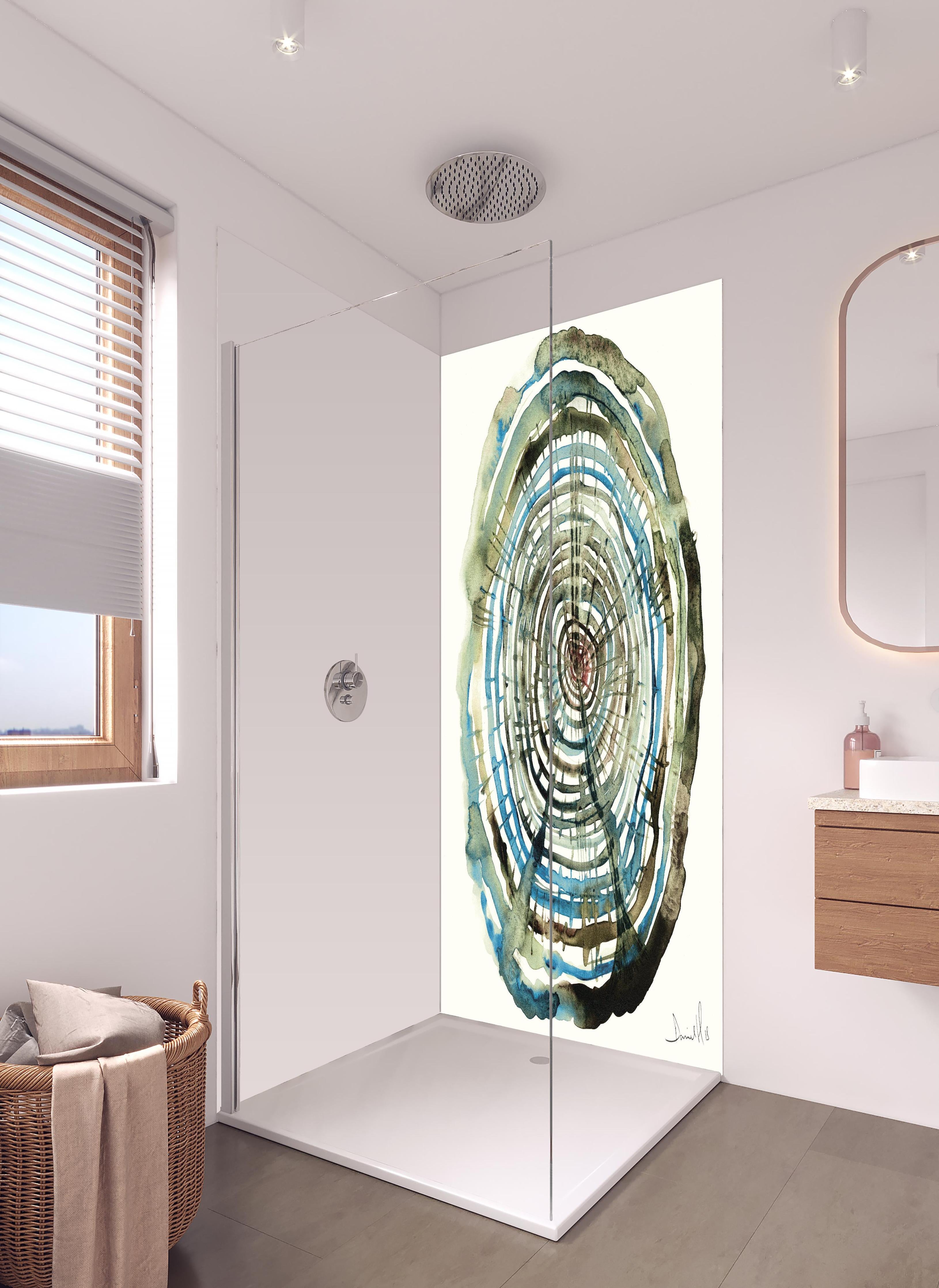 Duschrückwand - Aquarell Zeichnung - Baumstamm Muster in hellem Badezimmer mit Regenduschkopf - zweiteilige Eck-Duschrückwand