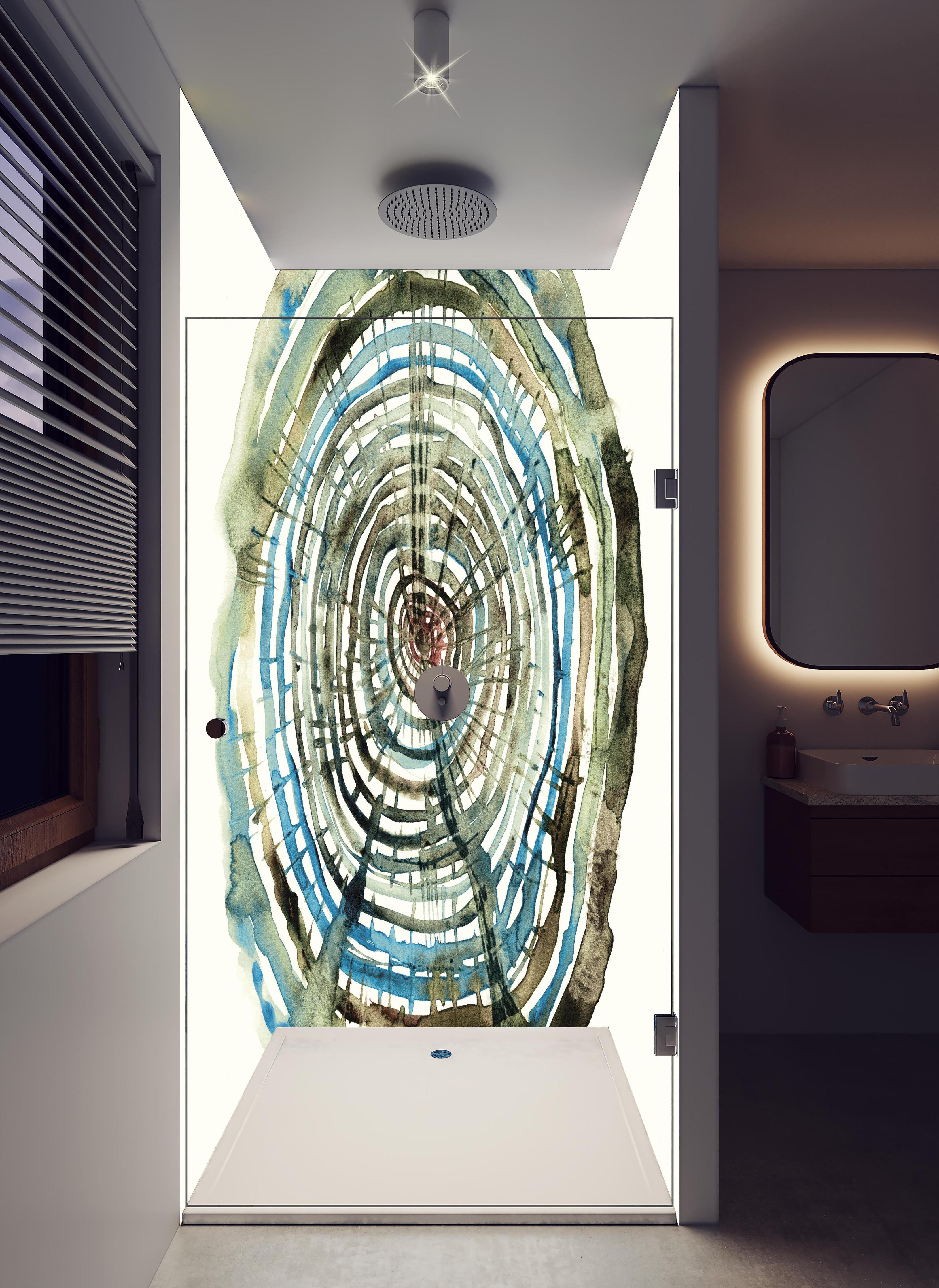 Duschrückwand - Aquarell Zeichnung - Baumstamm Muster in hellem Badezimmer mit Regenduschkopf - zweiteilige Eck-Duschrückwand